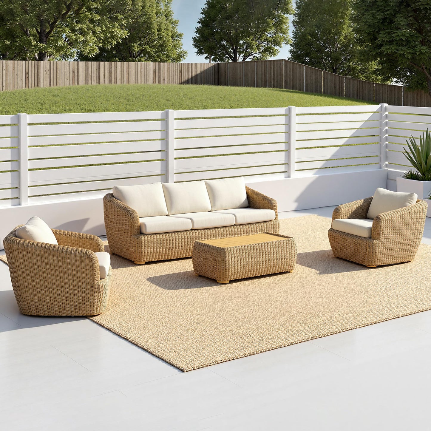 CHITA 5 Pieces Patio Wicker Furniture Set, Outdoor Rattan Bistro Set with Removable Thickened Cushions, Fully Assembled(Beige Cushions with Light Brown Wicker)