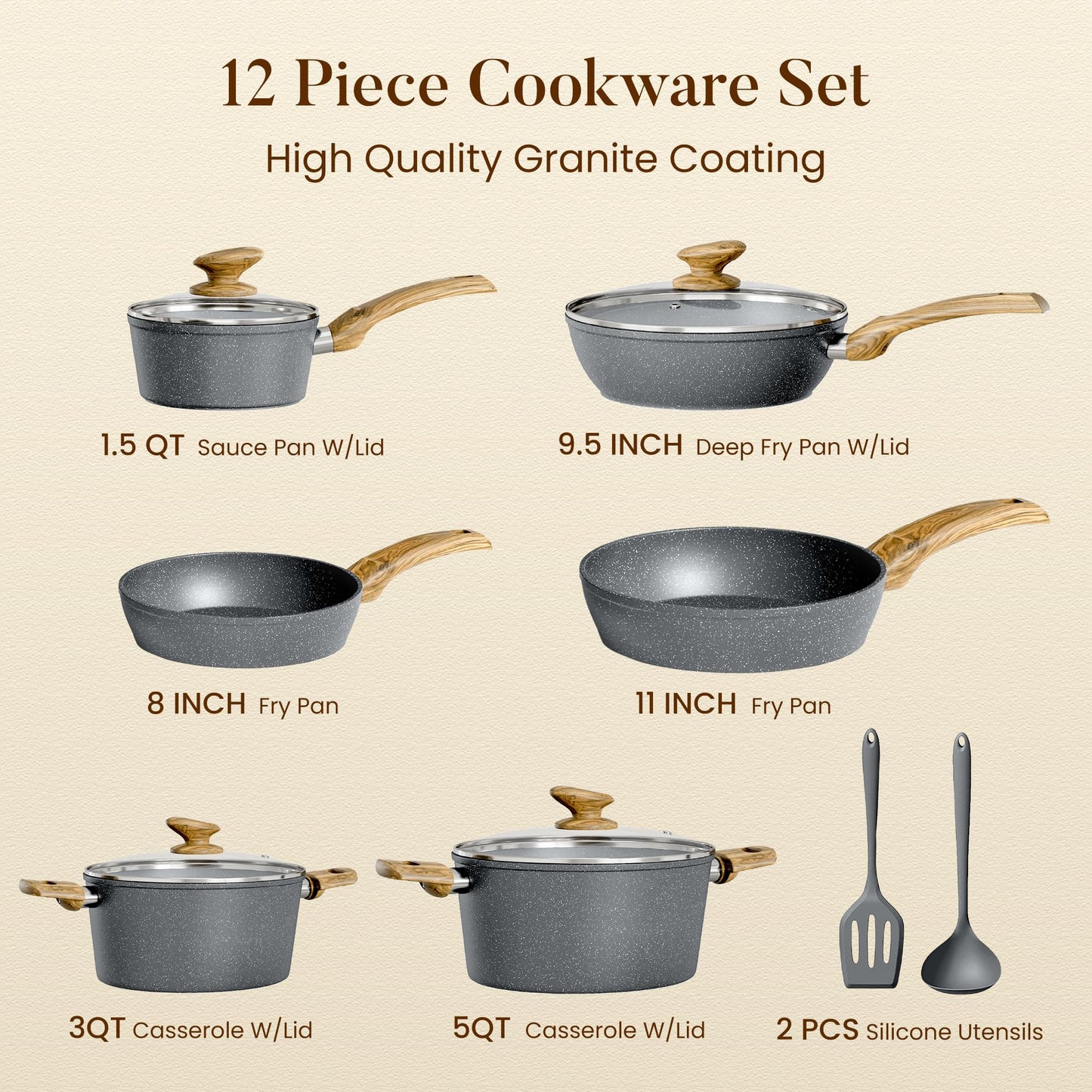 Kitchen Academy Induction Cookware Sets - 12 Piece Pots and Pans Set Non Stick, Black Granite Nonstick Cooking Pan Set(PFOS, PFOA Free)