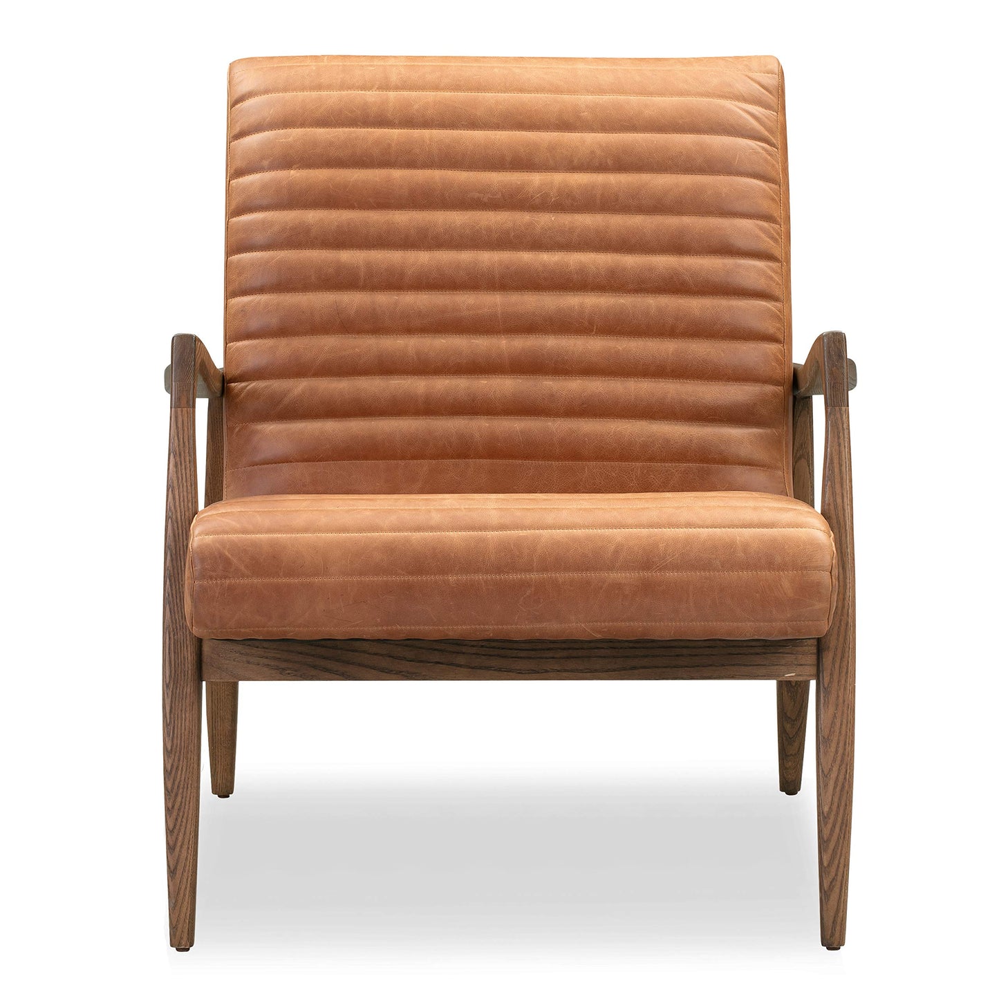 Poly & BARK Rowan Lounge Chairs Set of 2 – Mid Century Modern Leather Armchairs with Ribbed Seat and Solid Ash Wood Frame, Cognac Tan