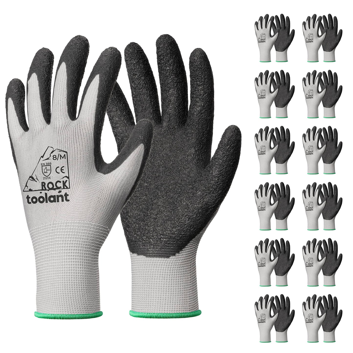toolant Crinkle Latex Work Gloves Bulk, Rubber Coated Safety Work Gloves for Men and Women, 12 Pairs for Construction, Gardening, Warehouse (Black, Large)