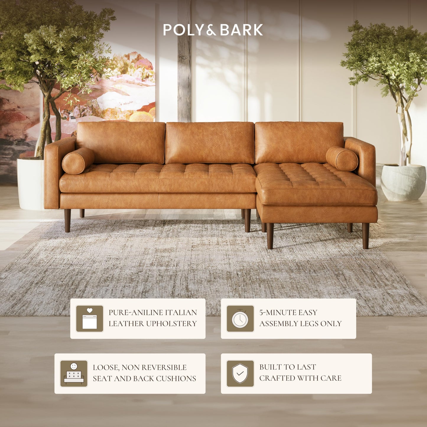 POLY & BARK Napa 82" Leather Pull‑Out Sleeper Sofa – Full‑Grain Italian Leather Upholstery,Tri‑Layer Mattress & Storage Console –Sophisticated Multi‑Functional Sofa Bed for Living Rooms & Guest Spaces