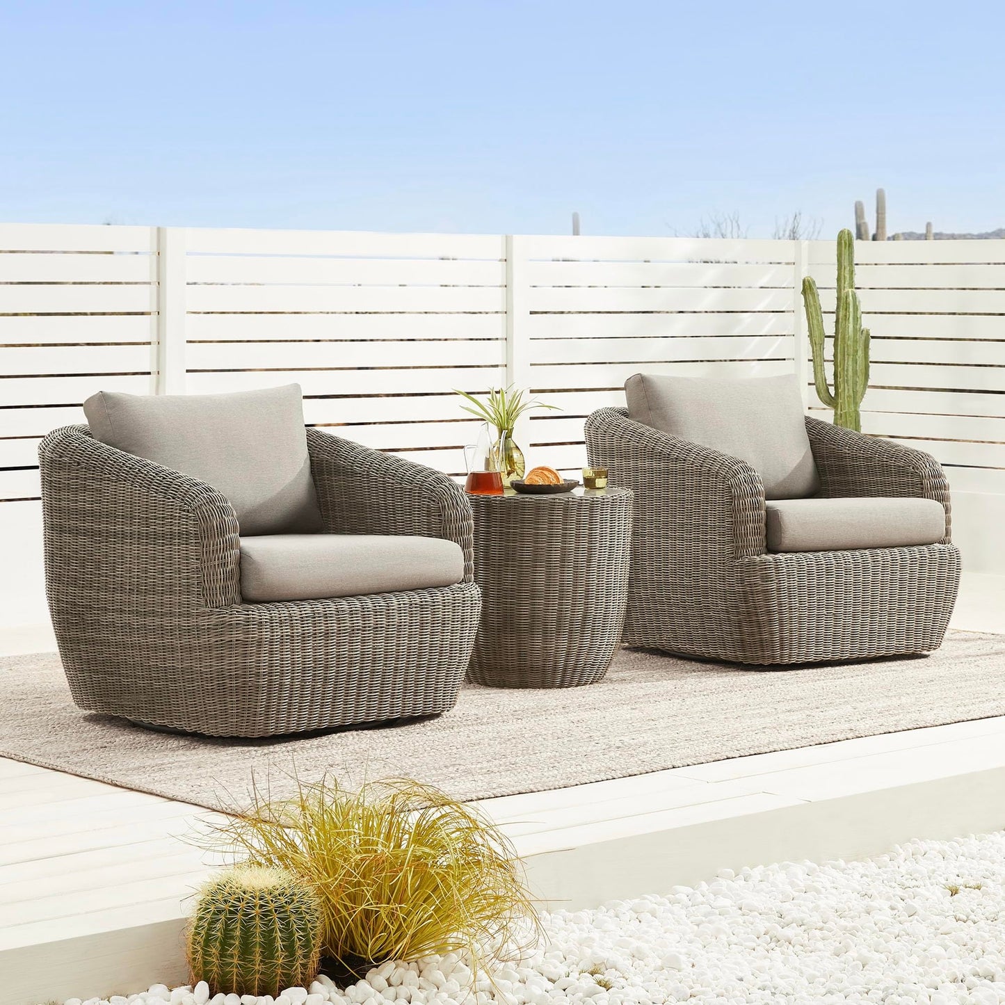 CHITA 5 Pieces Patio Wicker Furniture Set, Outdoor Rattan Bistro Set with Removable Thickened Cushions, Fully Assembled(Beige Cushions with Light Brown Wicker)