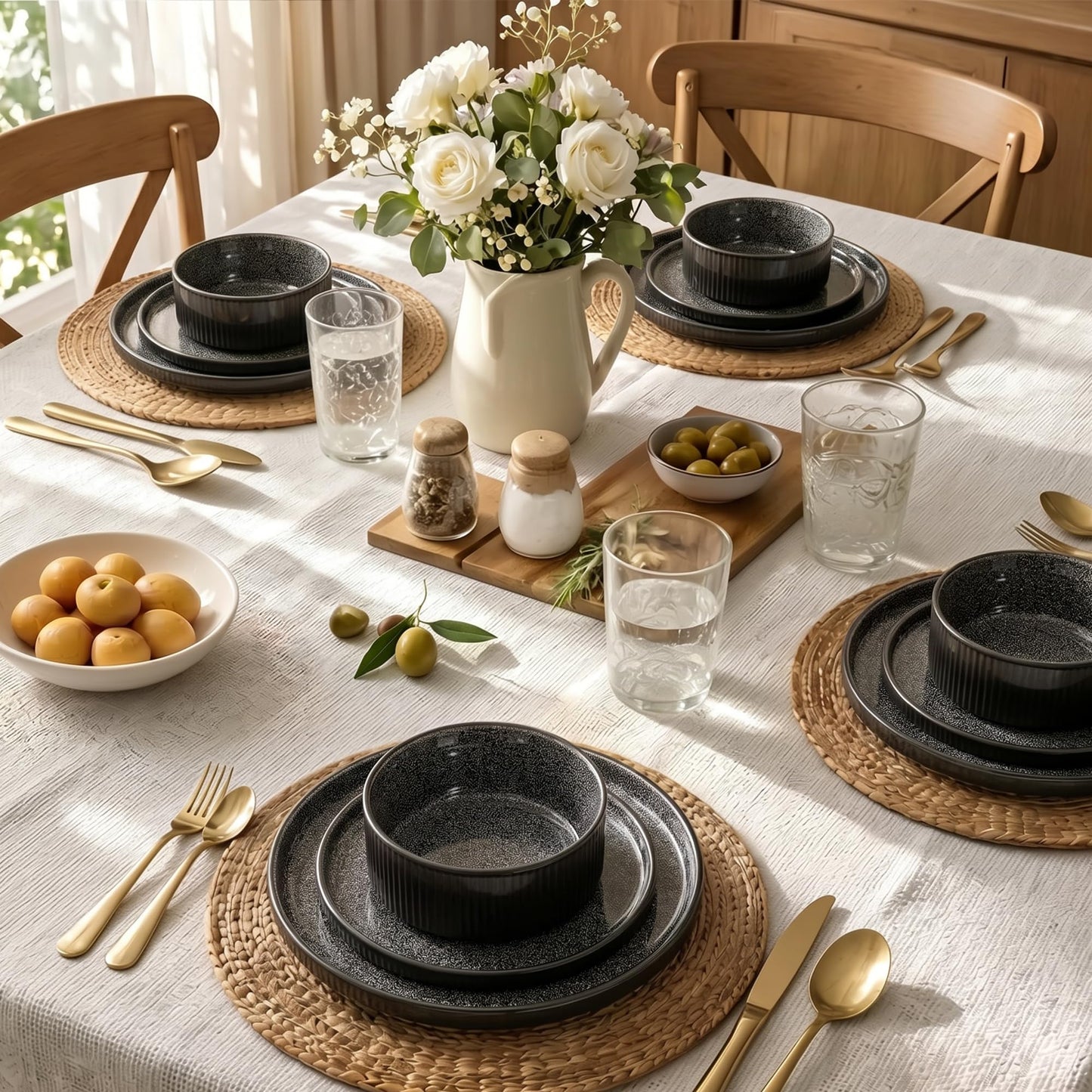 Kitchen Academy Brown Stoneawre Dinnerware Sets for 8, 24Pcs Ceramic Non Toxic Plates and Bowls Sets, Scratch Resistant Dishes, Oven & Microwave Safe