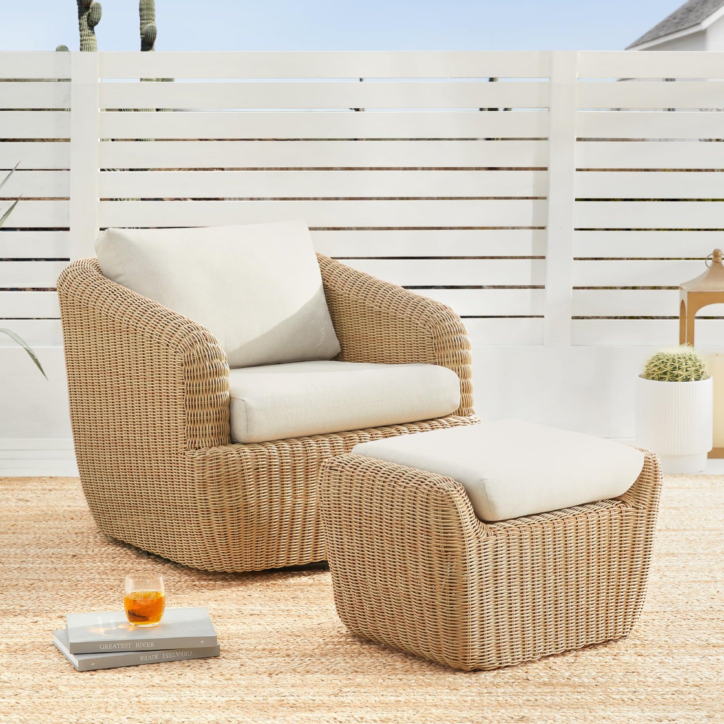 CHITA 5 Pieces Patio Wicker Furniture Set, Outdoor Rattan Bistro Set with Removable Thickened Cushions, Fully Assembled(Beige Cushions with Light Brown Wicker)