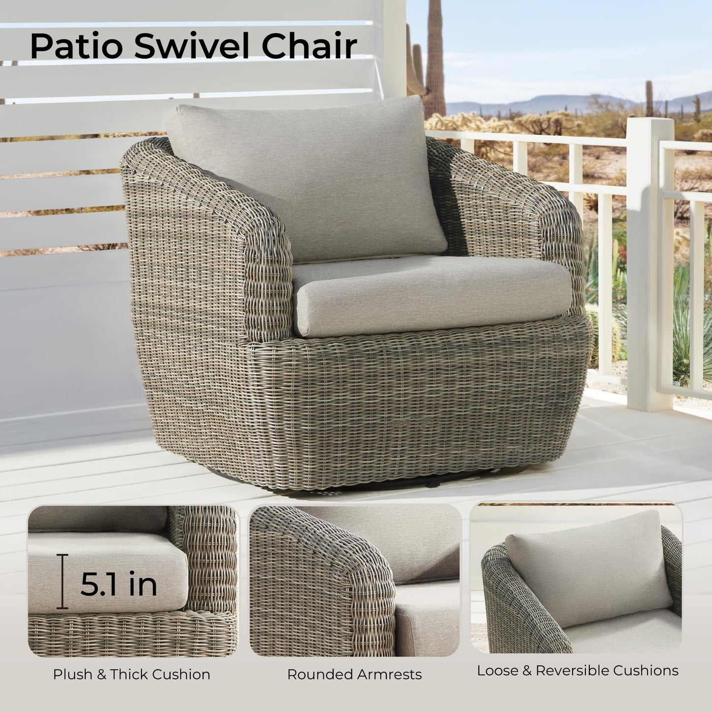 CHITA 5 Pieces Patio Wicker Furniture Set, Outdoor Rattan Bistro Set with Removable Thickened Cushions, Fully Assembled(Beige Cushions with Light Brown Wicker)