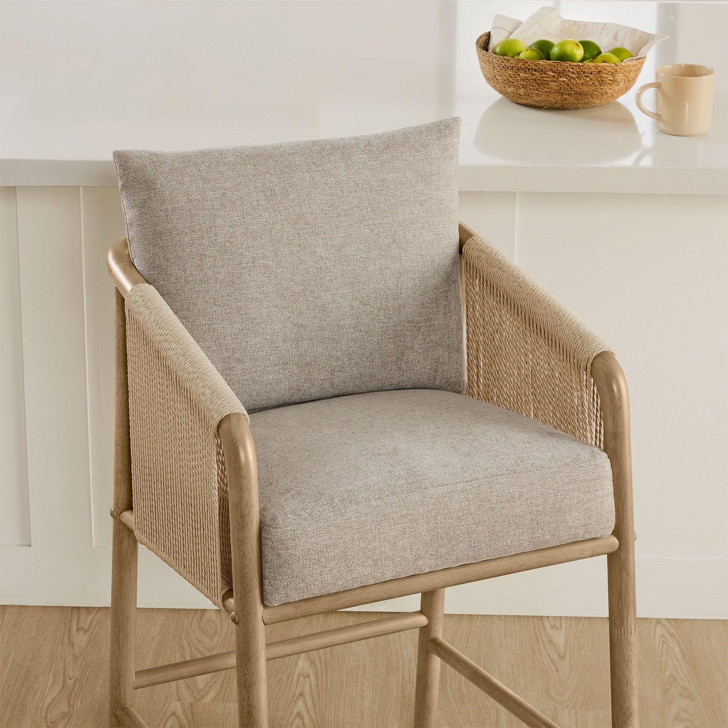 CHITA 27" Counter Height Bar Stools Set of 2, Boho Woven Paper Cord Counter Stools with Back and Armrests, Upholstered Rope Bar Chairs for Kitchen Island & Home Bar, Cream