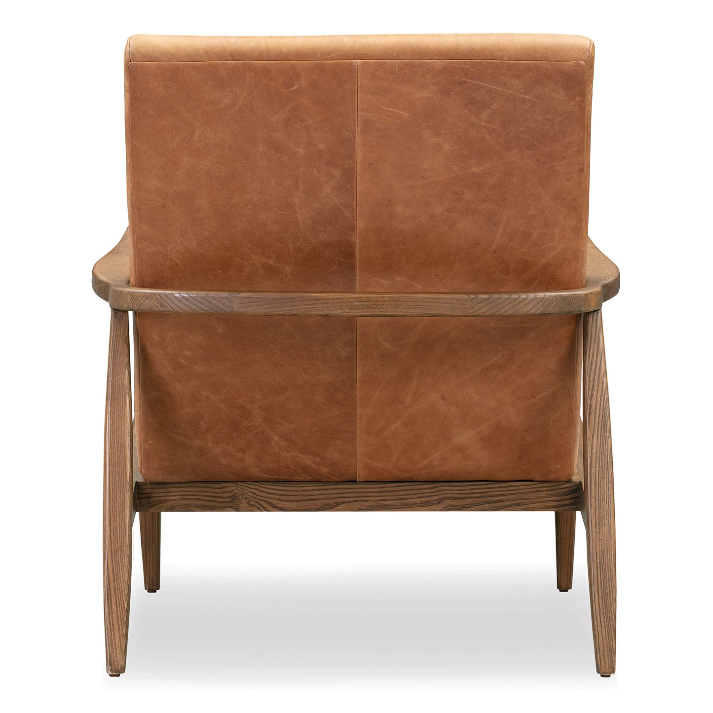 Poly & BARK Rowan Lounge Chairs Set of 2 – Mid Century Modern Leather Armchairs with Ribbed Seat and Solid Ash Wood Frame, Cognac Tan