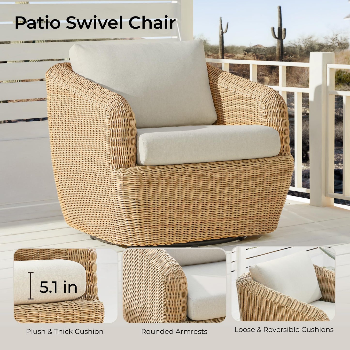 CHITA 5 Pieces Patio Wicker Furniture Set, Outdoor Rattan Bistro Set with Removable Thickened Cushions, Fully Assembled(Beige Cushions with Light Brown Wicker)
