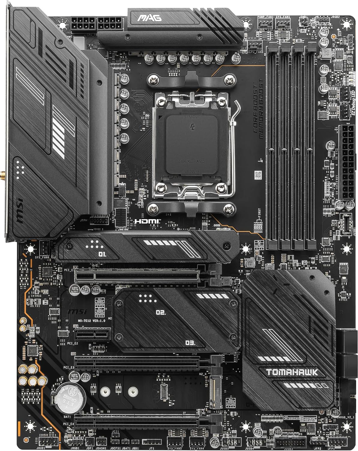 MSI MAG X670E Tomahawk WiFi Gaming Motherboard (AMD Ryzen 9000/8000/7000 Series Processors, AM5, DDR5, PCIe 5.0, SATA 6Gb/s, M.2, USB 3.2 Gen 2, Wi-Fi 6E, Bluetooth 5.3, 2.5Gbps LAN, HDMI/DP, ATX)