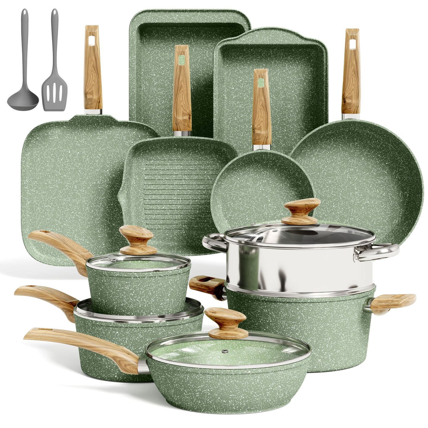 Kitchen Academy Induction Cookware Set Non Stick, 17Pcs Granite Pots & Pans | Nonstick Cooking Frying Pans for Induction Gas Electric Stove, Non-Toxic PFOA & PFOS Free, Black