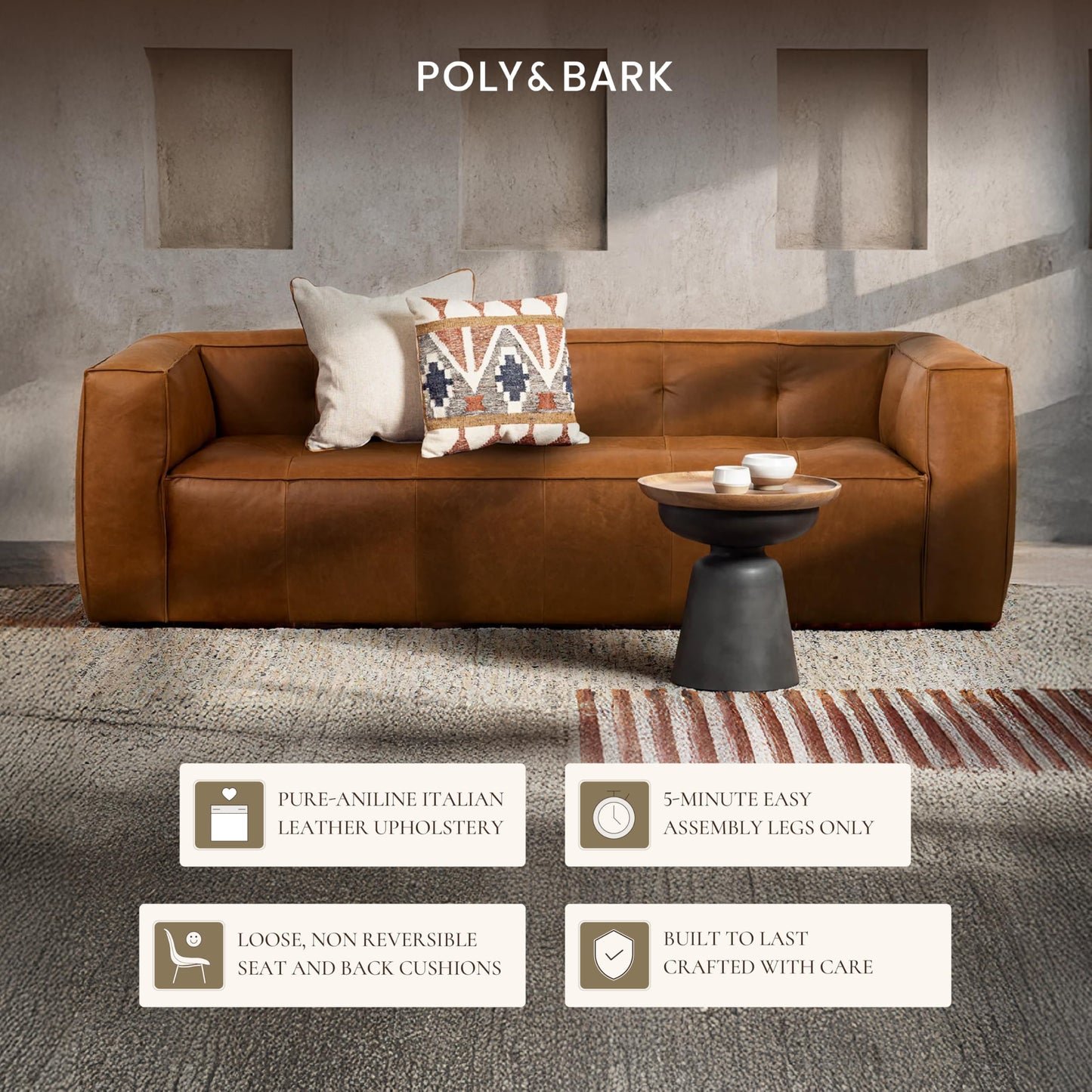 POLY & BARK Capa 96.5" Sofa – Chocolate Brown Full-Grain Pure-Aniline Italian Leather, Boxy Modern Design, Feather-Fiber Cushions, Solid Wood Frame
