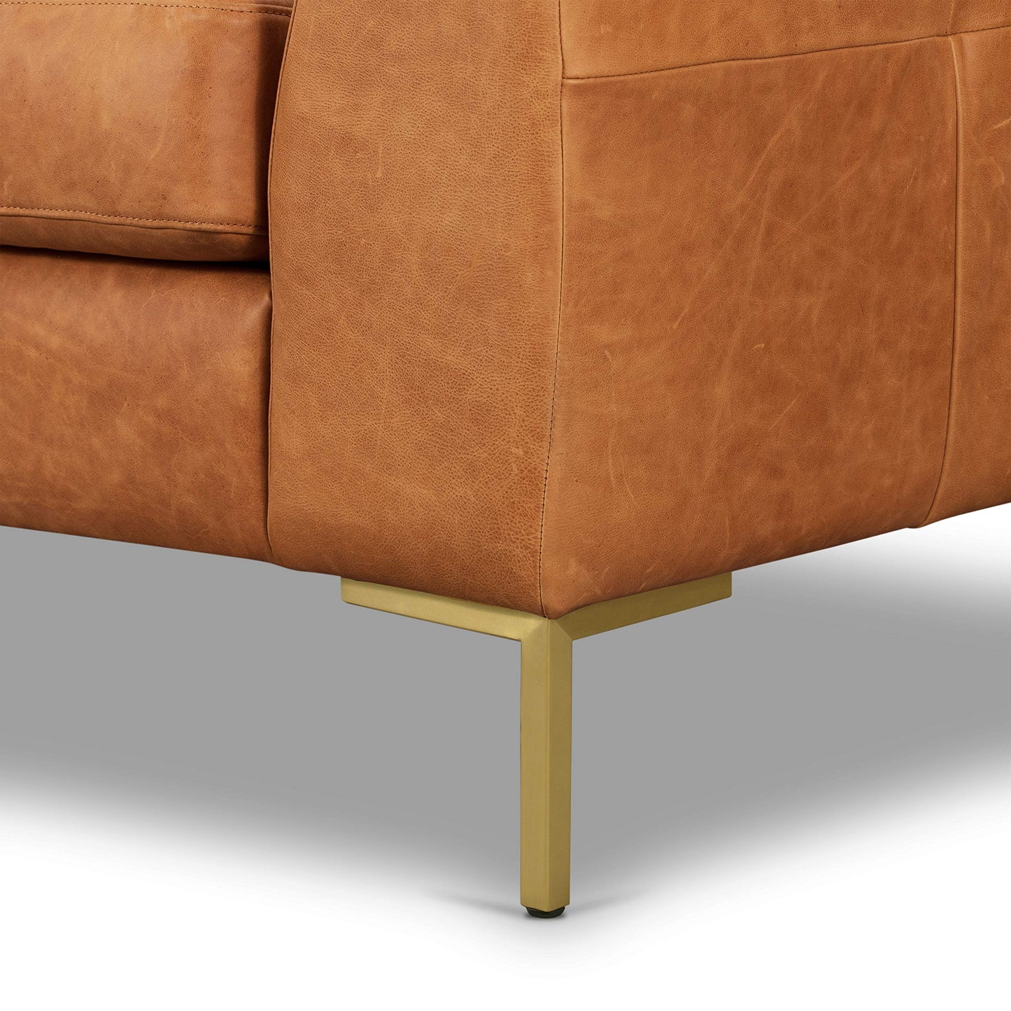 Poly & BARK Calle Right-Facing Sectional in Full-Grain Pure-Aniline Italian Tanned Leather in Cognac Tan and Brass Legs