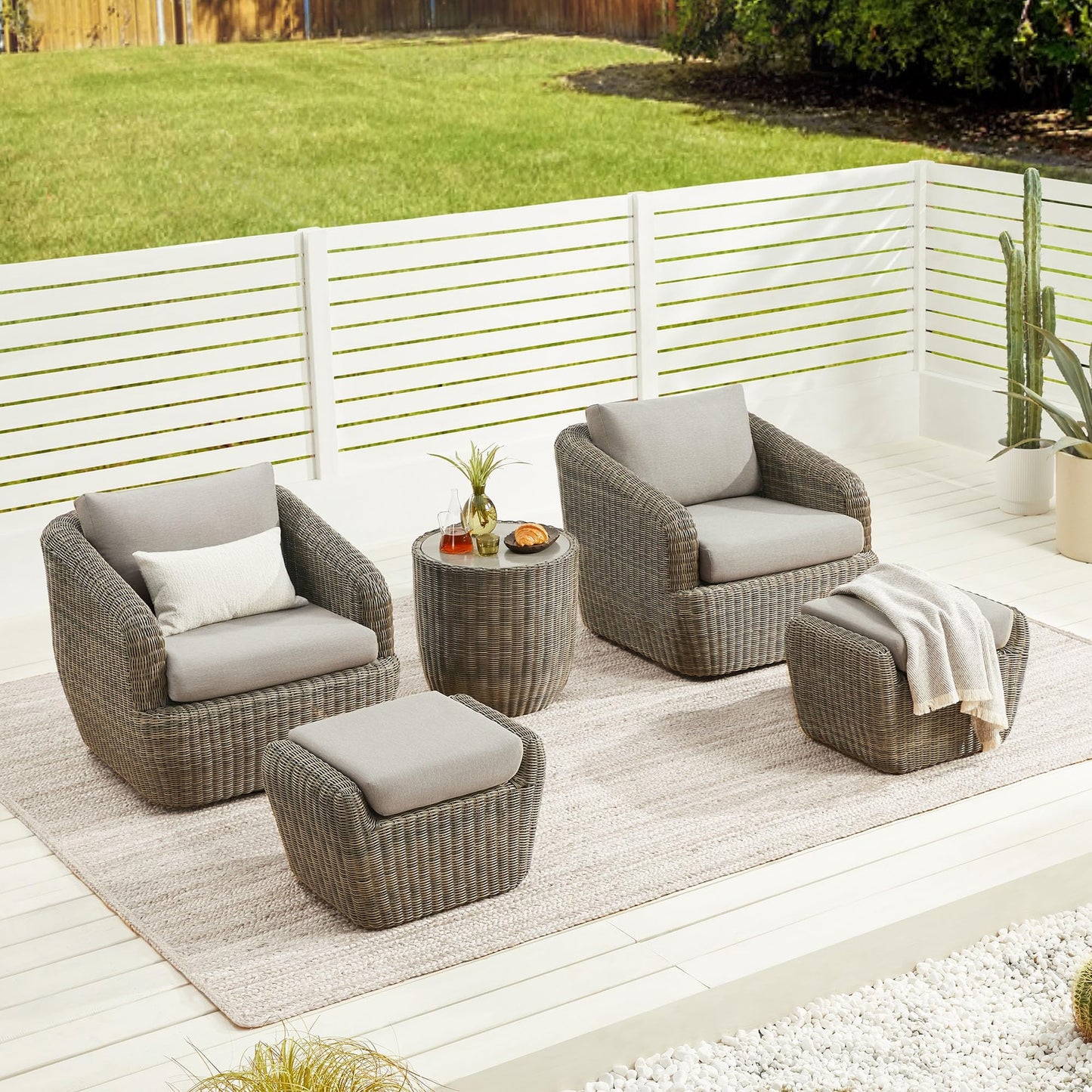 CHITA 5 Pieces Patio Wicker Furniture Set, Outdoor Rattan Bistro Set with Removable Thickened Cushions, Fully Assembled(Beige Cushions with Light Brown Wicker)