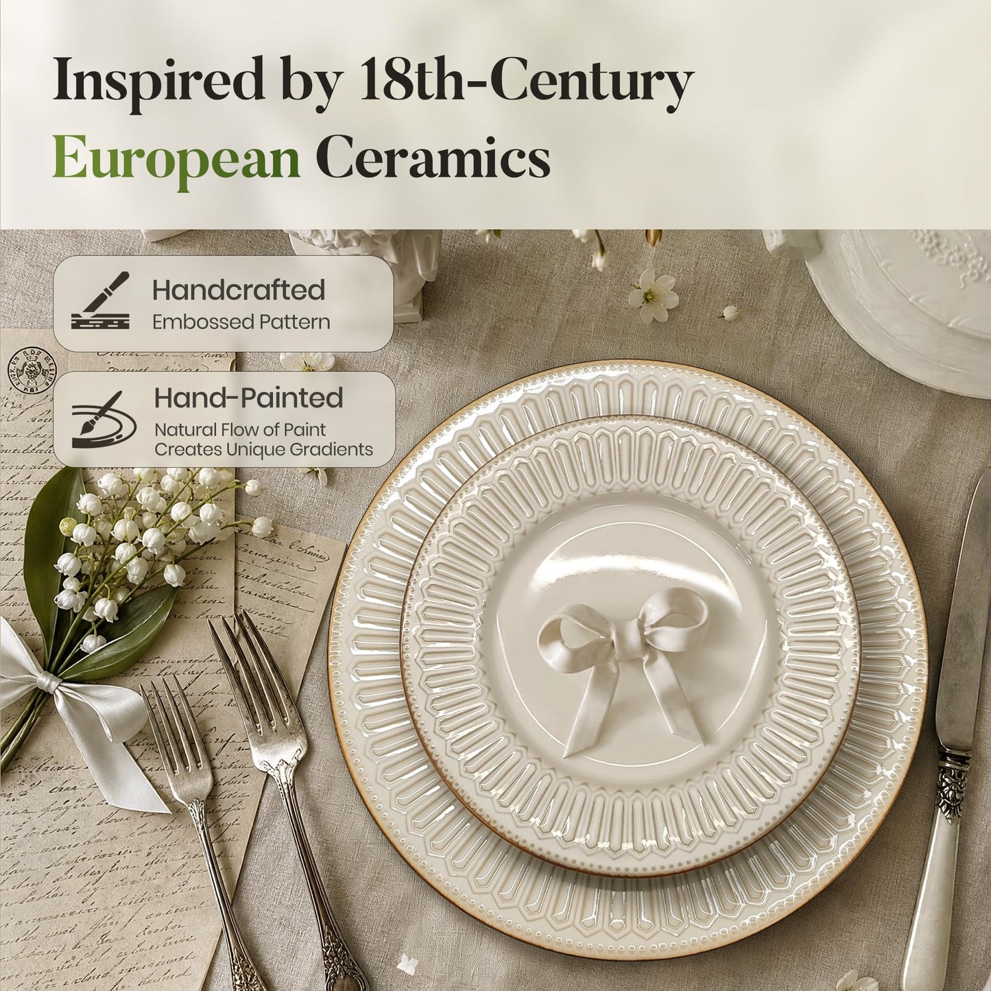 Kitchen Academy Stoneware Dinnerware Sets for 8, Embossed Ceramic Plates and Bowls Set, Beige Dishes