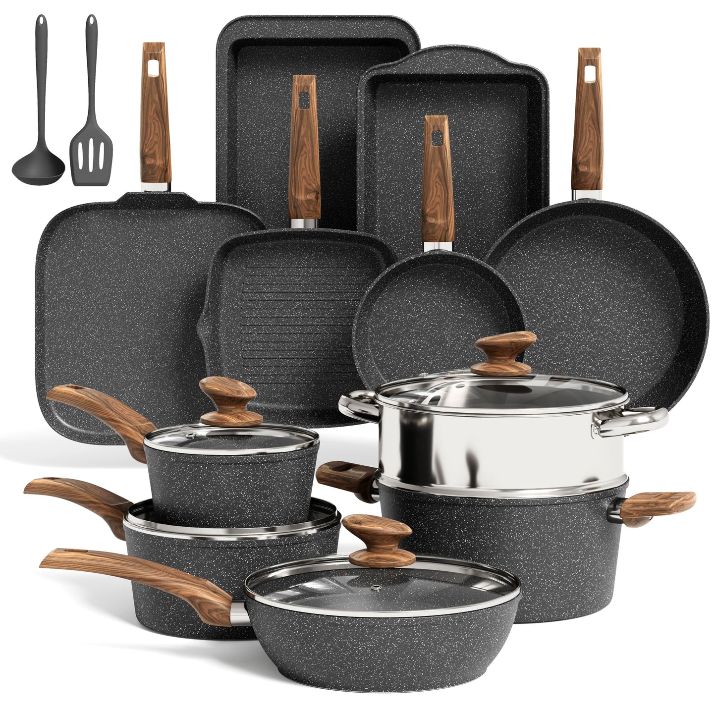 Kitchen Academy Induction Cookware Set Non Stick, 17Pcs Granite Pots & Pans | Nonstick Cooking Frying Pans for Induction Gas Electric Stove, Non-Toxic PFOA & PFOS Free, Black