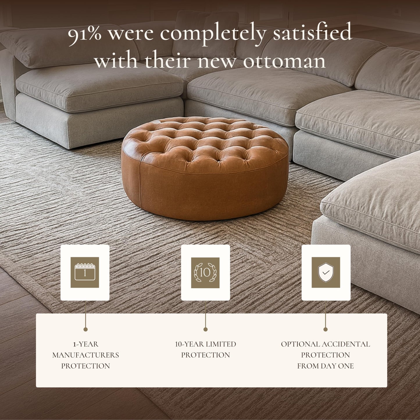 POLY & BARK Denver Ottoman – 43" Large Pouf with Feather-Down Topper – Full-Grain Leather Upholstered Pouf Ottoman for Living Room – Vintage Italian Leather in Cognac Tan