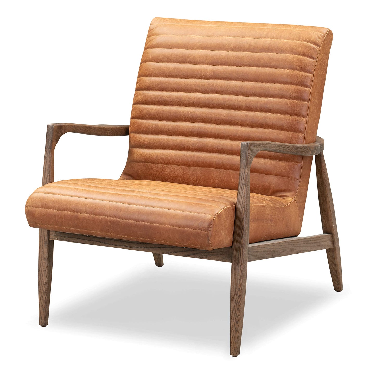 Poly & BARK Rowan Lounge Chairs Set of 2 – Mid Century Modern Leather Armchairs with Ribbed Seat and Solid Ash Wood Frame, Cognac Tan