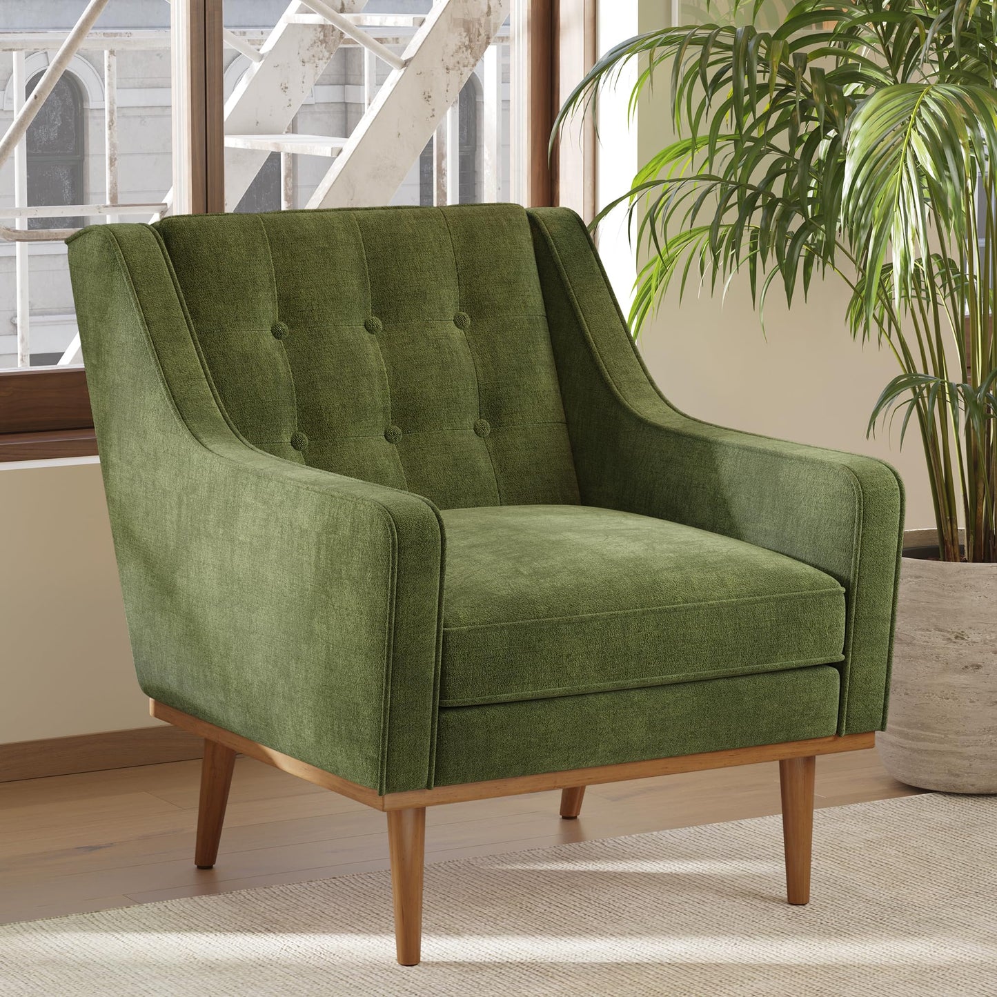 Poly & BARK Rowan Lounge Chairs Set of 2 – Mid Century Modern Leather Armchairs with Ribbed Seat and Solid Ash Wood Frame, Cognac Tan