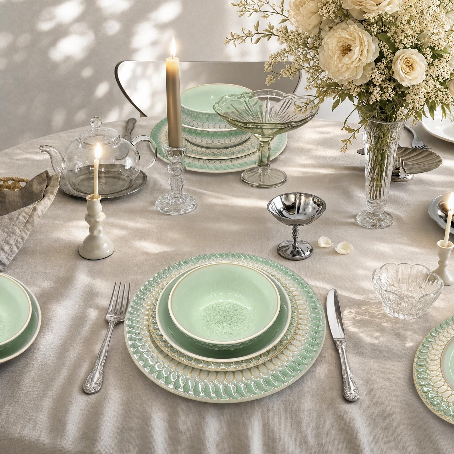 Kitchen Academy Stoneware Dinnerware Sets for 8, Embossed Ceramic Plates and Bowls Set, Beige Dishes