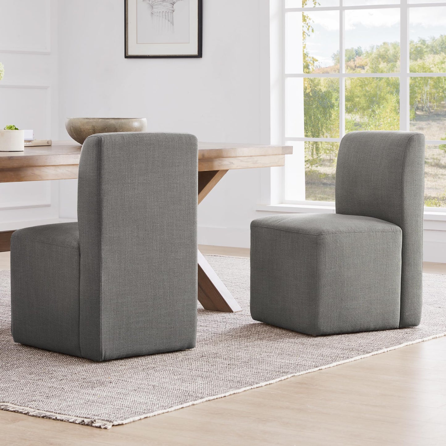 CHITA Dining Chairs with Casters Set of 2, FSC Certified Upholstered Armless Modern Rolling Dining Chairs with Rollers for Bedroom Reading Room Living Room, Fully Assembled, Linen
