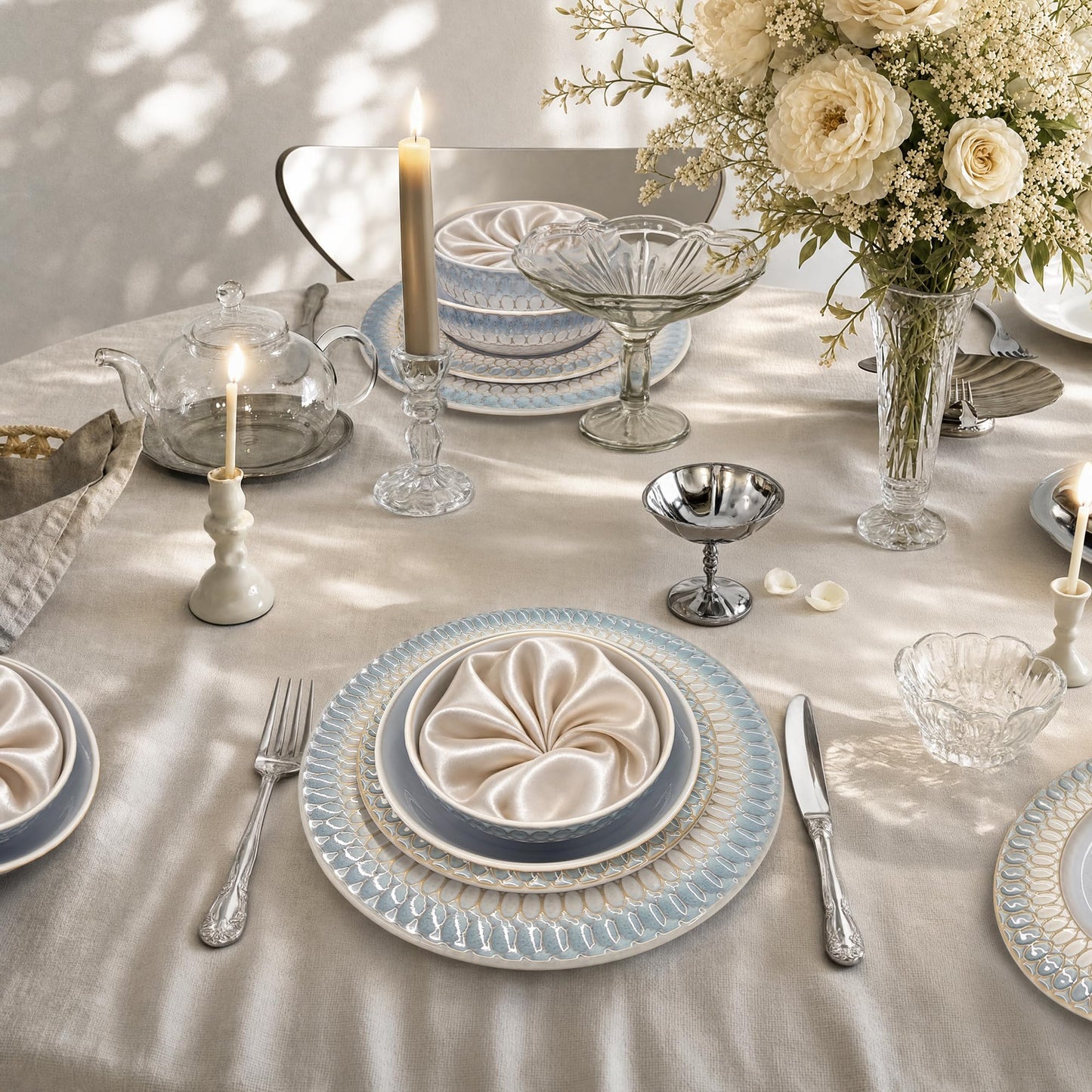 Kitchen Academy Stoneware Dinnerware Sets for 8, Embossed Ceramic Plates and Bowls Set, Beige Dishes