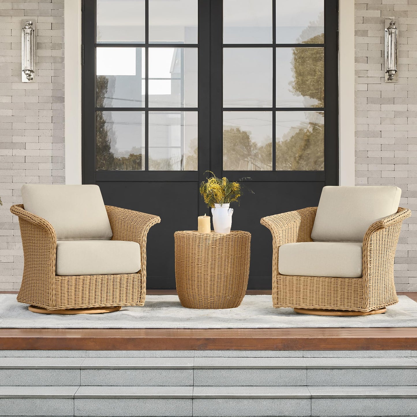CHITA 3 Pieces Wicker Patio Bistro Set, Outdoor Rattan Furniture Set with 2 Pieces Thickened Cushion Swivel Chairs and Side Table for Backyard, Poolside, Garden or Porch