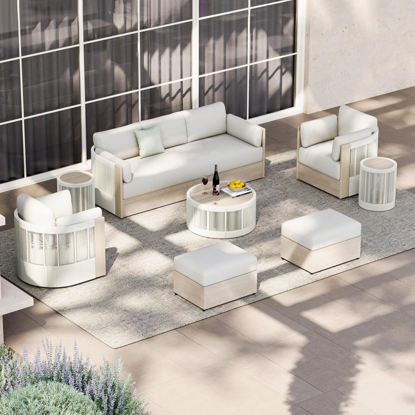 CHITA 3 Pieces Boho Patio Rattan Bistro Set, Outdoor Wicker Furniture Swivel Chairs & Side Table Set with 2 Arm Pillows, Acacia Wood Frame, Fully Assembled(Cream)