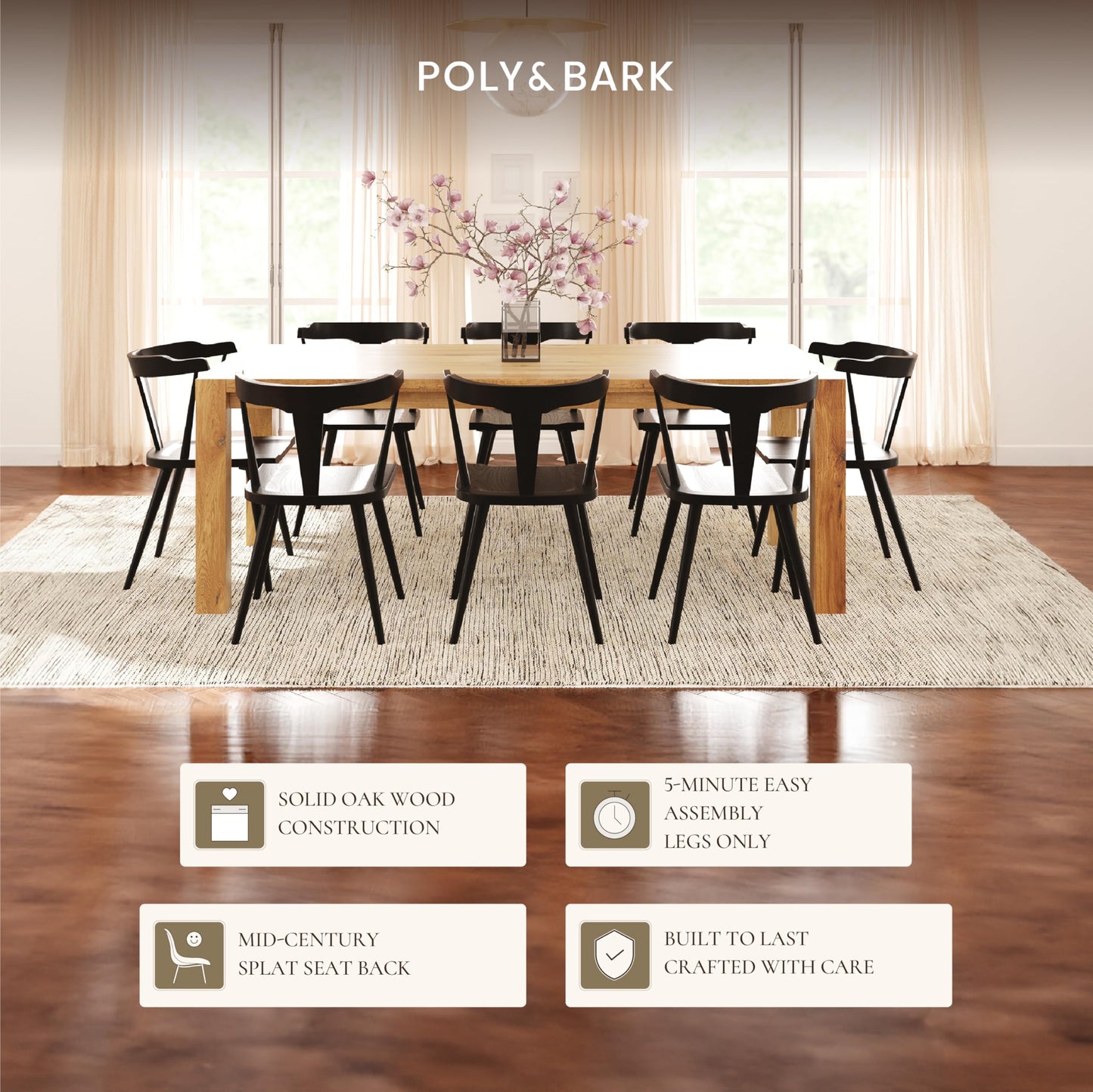 POLY & BARK Mid Century Modern Enzo Black Dining Chair – Solid Oak Wood Splat Back Chair, 18" Seat Height, 32" Tall – Stylish MCM Kitchen & Dining Room Chair