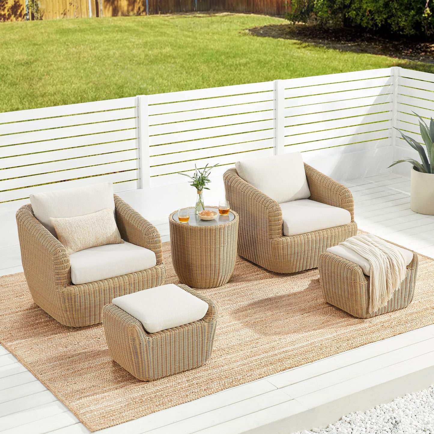 CHITA 5 Pieces Patio Wicker Furniture Set, Outdoor Rattan Bistro Set with Removable Thickened Cushions, Fully Assembled(Beige Cushions with Light Brown Wicker)