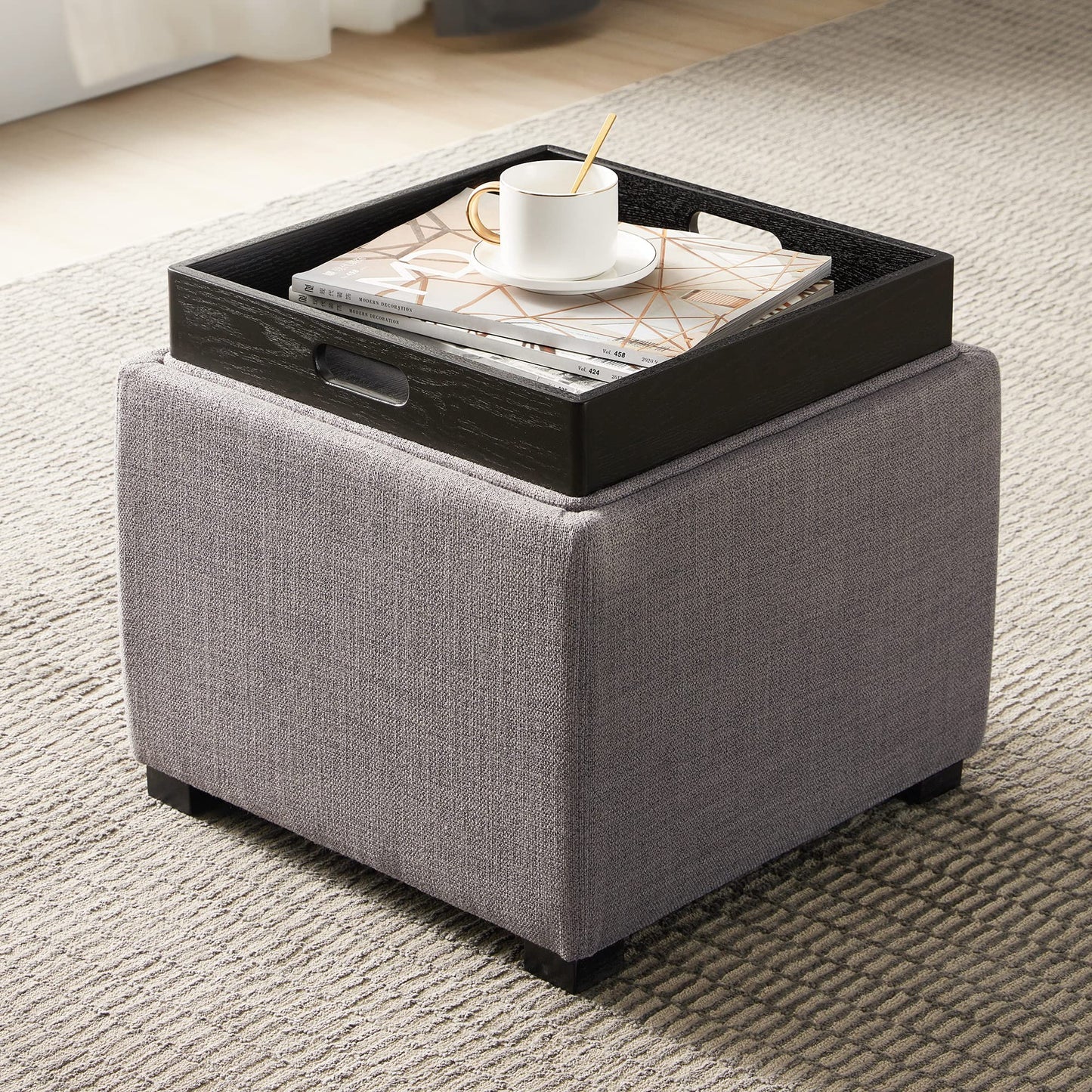 CHITA Storage Ottoman Cube with Tray Lid, Small Footstool with Storage, Square End Table for Living Room and Bedroom, Faux Leather in Saddle Brown