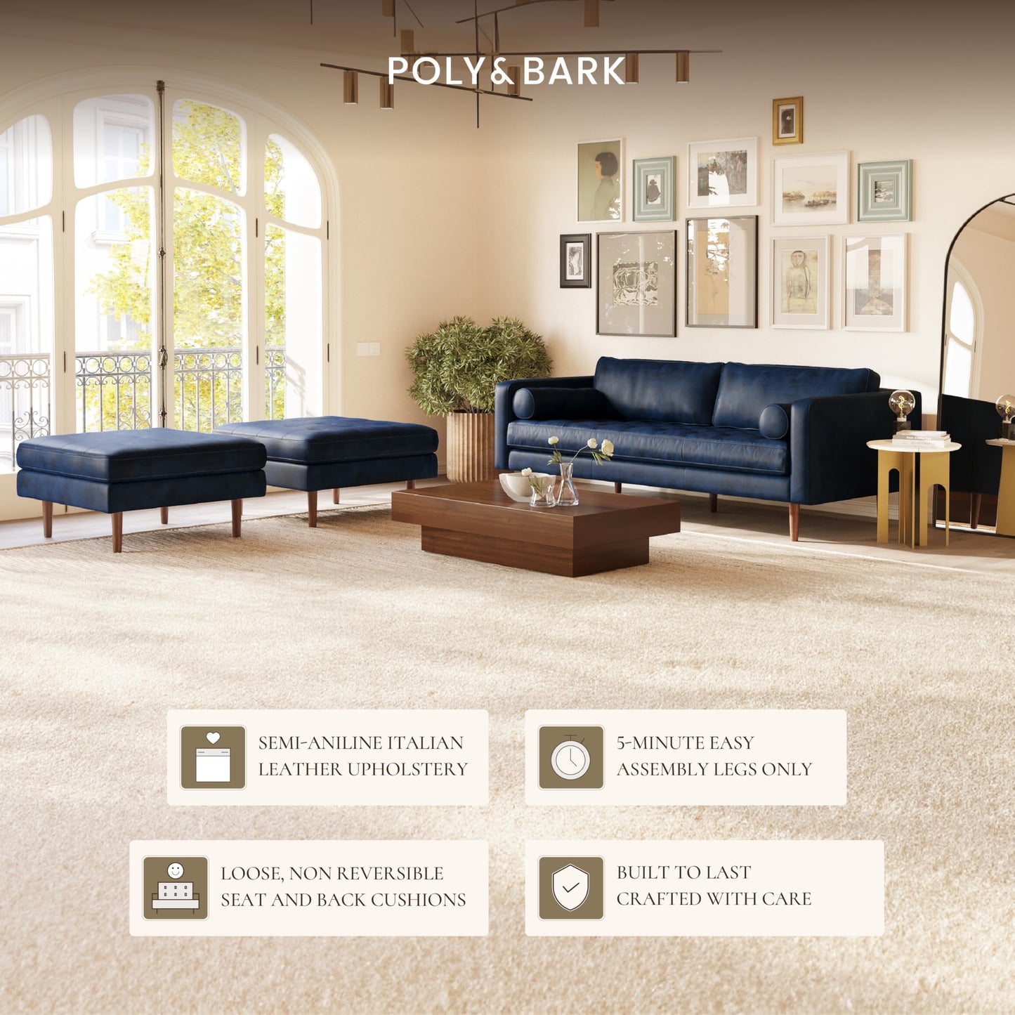 POLY & BARK Napa 82" Leather Pull‑Out Sleeper Sofa – Full‑Grain Italian Leather Upholstery,Tri‑Layer Mattress & Storage Console –Sophisticated Multi‑Functional Sofa Bed for Living Rooms & Guest Spaces