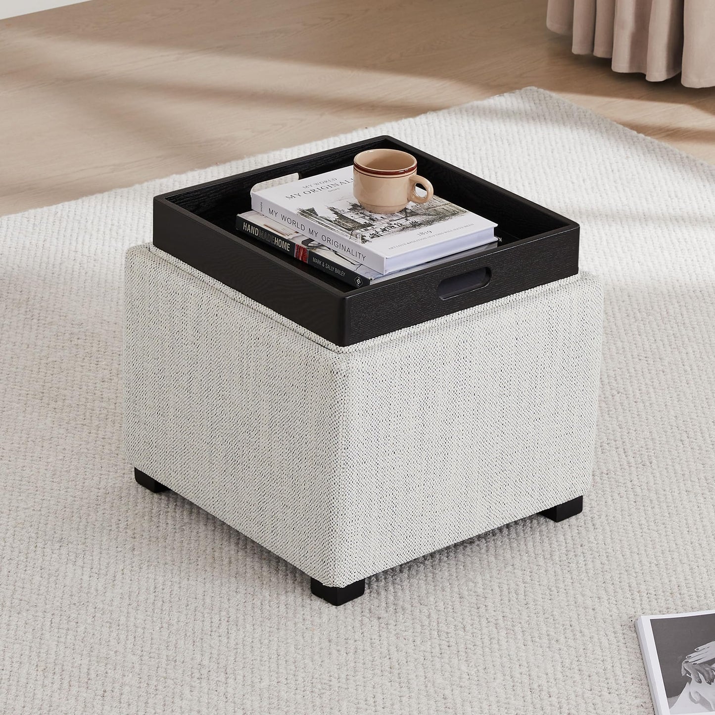 CHITA Storage Ottoman Cube with Tray Lid, Small Footstool with Storage, Square End Table for Living Room and Bedroom, Faux Leather in Saddle Brown