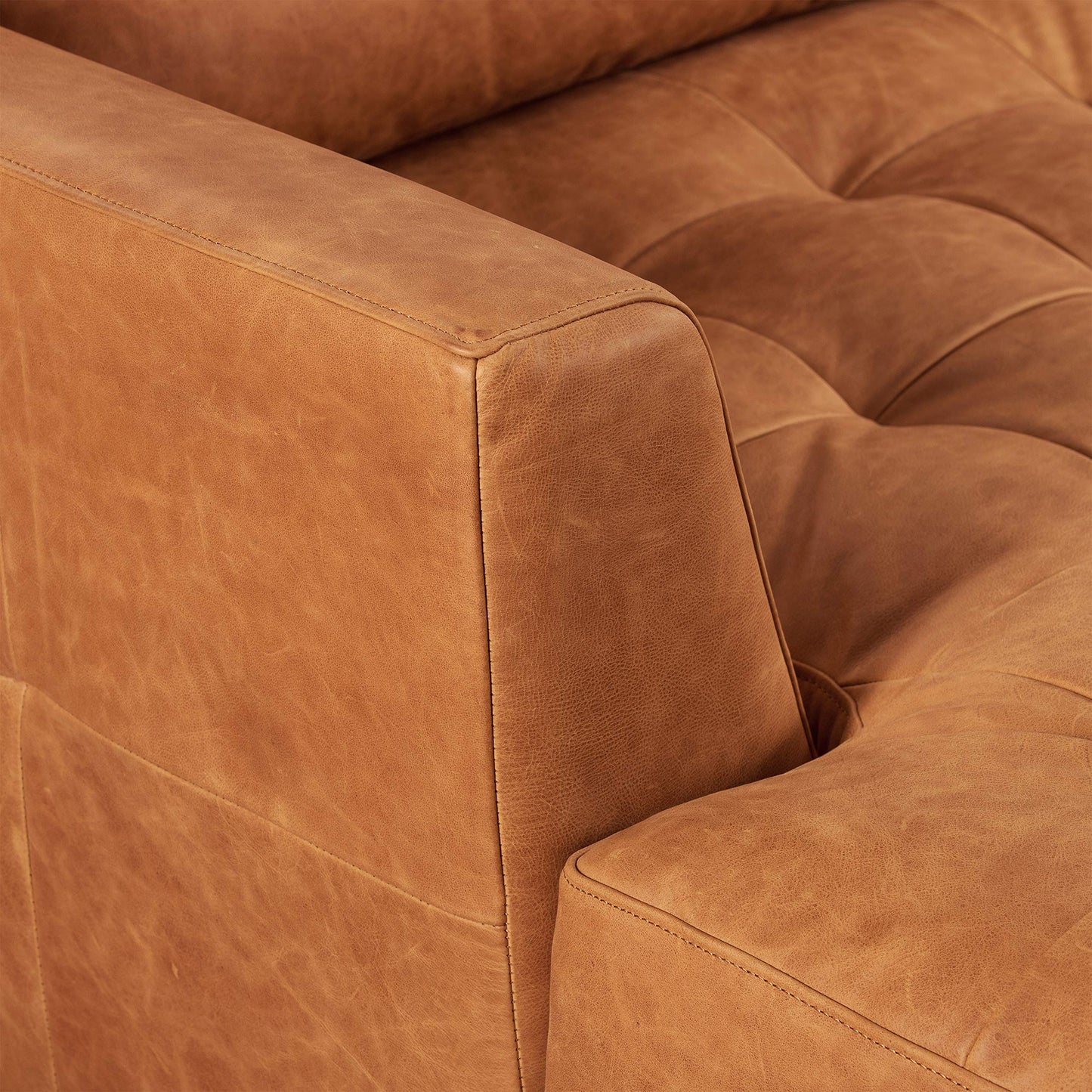 Poly & BARK Calle Right-Facing Sectional in Full-Grain Pure-Aniline Italian Tanned Leather in Cognac Tan and Brass Legs