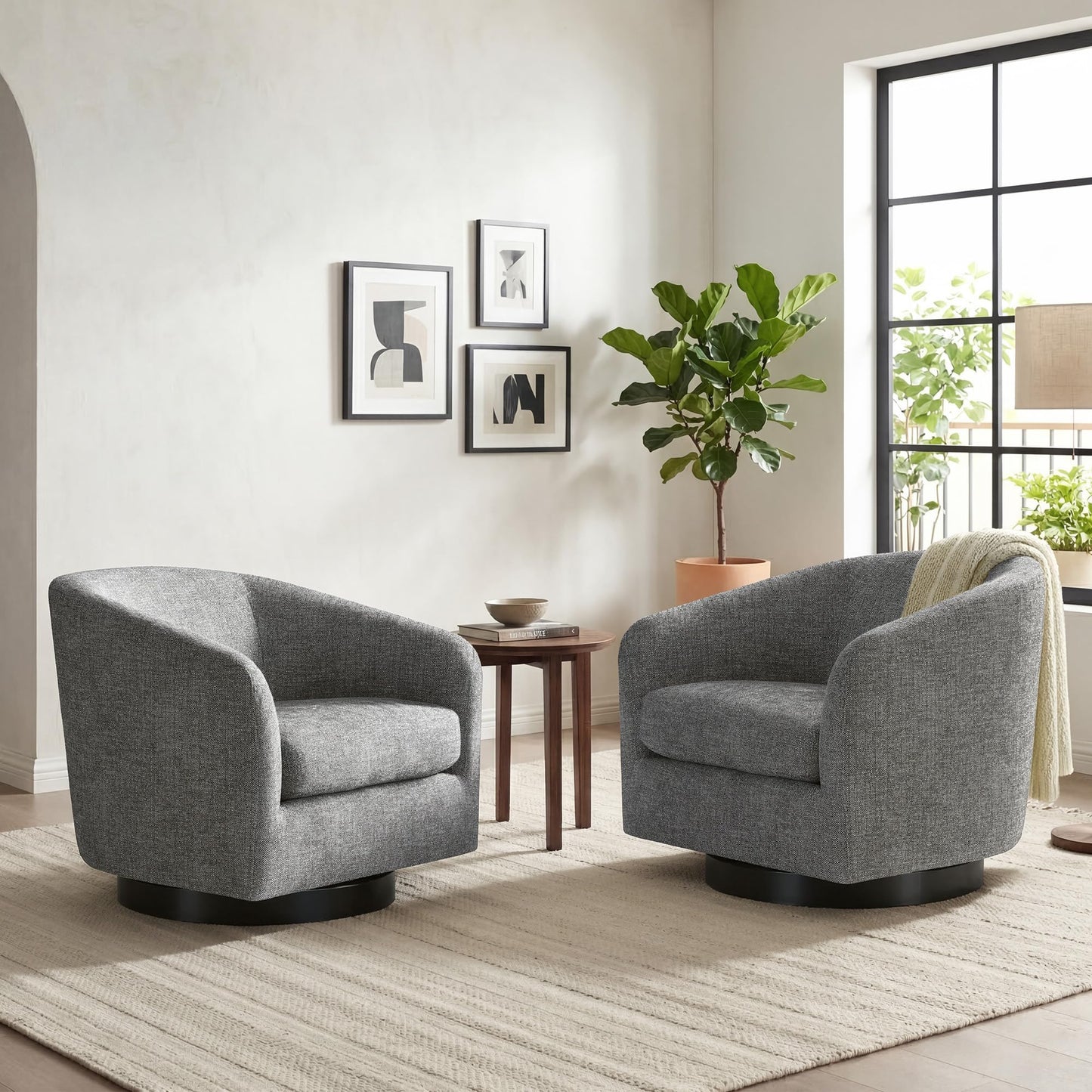 CHITA Swivel Accent Chair Set of 2, Fully Assembled Fabric Barrel Armchair with FSC Certified Upholstered for Living Room, Bedroom and Office, Flax Beige
