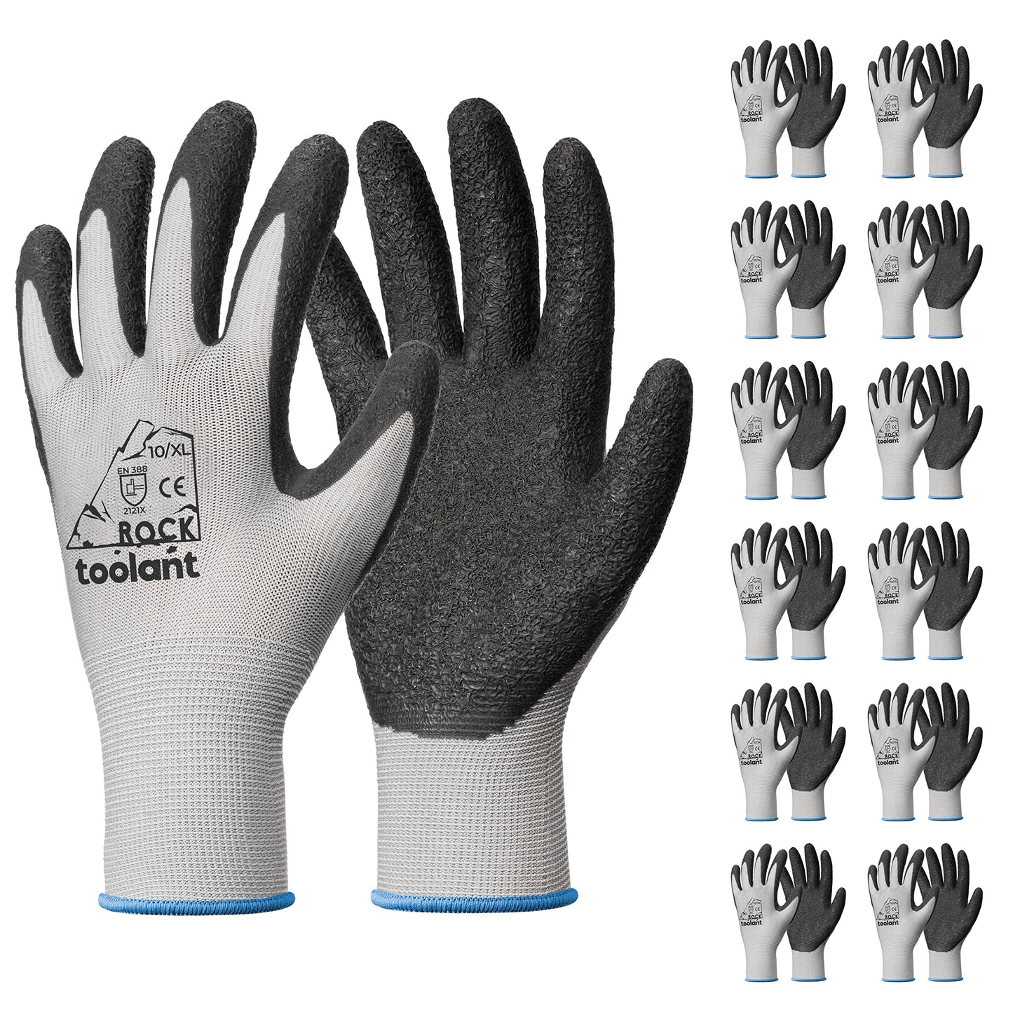 toolant Crinkle Latex Work Gloves Bulk, Rubber Coated Safety Work Gloves for Men and Women, 12 Pairs for Construction, Gardening, Warehouse (Black, Large)