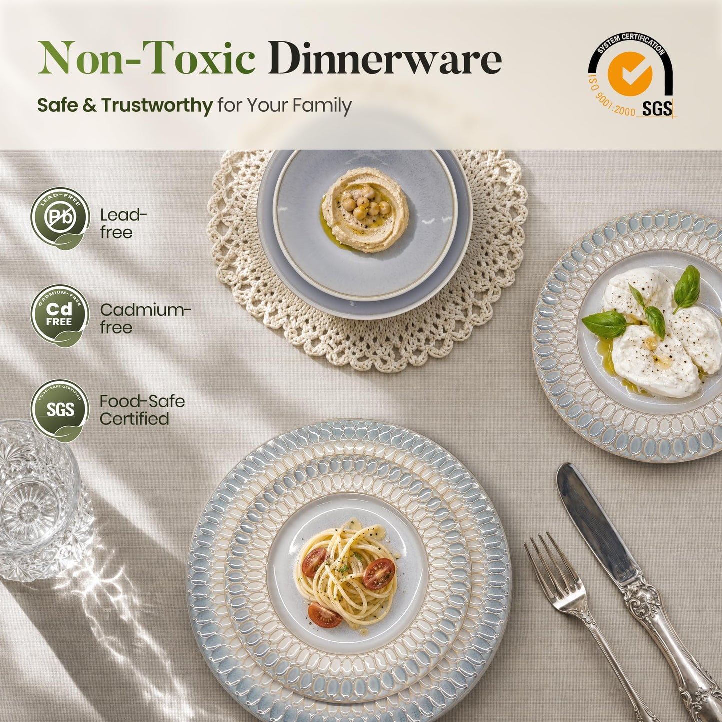 Kitchen Academy Stoneware Dinnerware Sets for 8, Embossed Ceramic Plates and Bowls Set, Beige Dishes