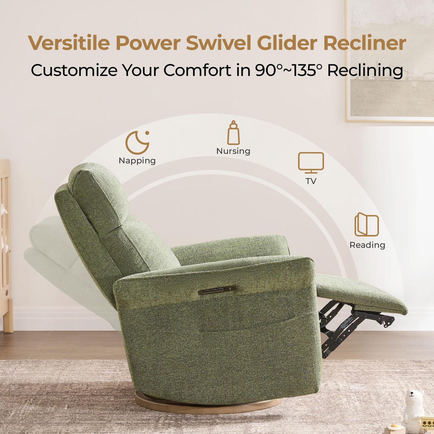 CHITA Power Recliner Chair, Electric Triple-Motor Swivel Glider Nursery Rocking Chair with Adjustable Power Headrest and Lumbar Support, GREENGARD Gold Certified, Solid Wood Base, Linen