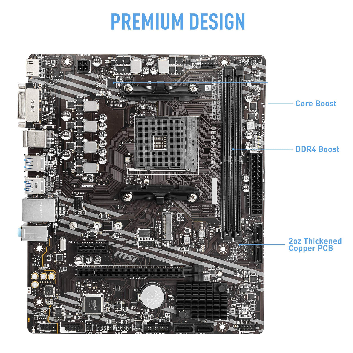 MSI A520M-A PRO Gaming Motherboard (AMD Ryzen 5000, AM4, DDR4, PCIe 3.0, SATA 6Gb/s, M.2, USB 3.2 Gen 1, DVI/HDMI, Micro-ATX)