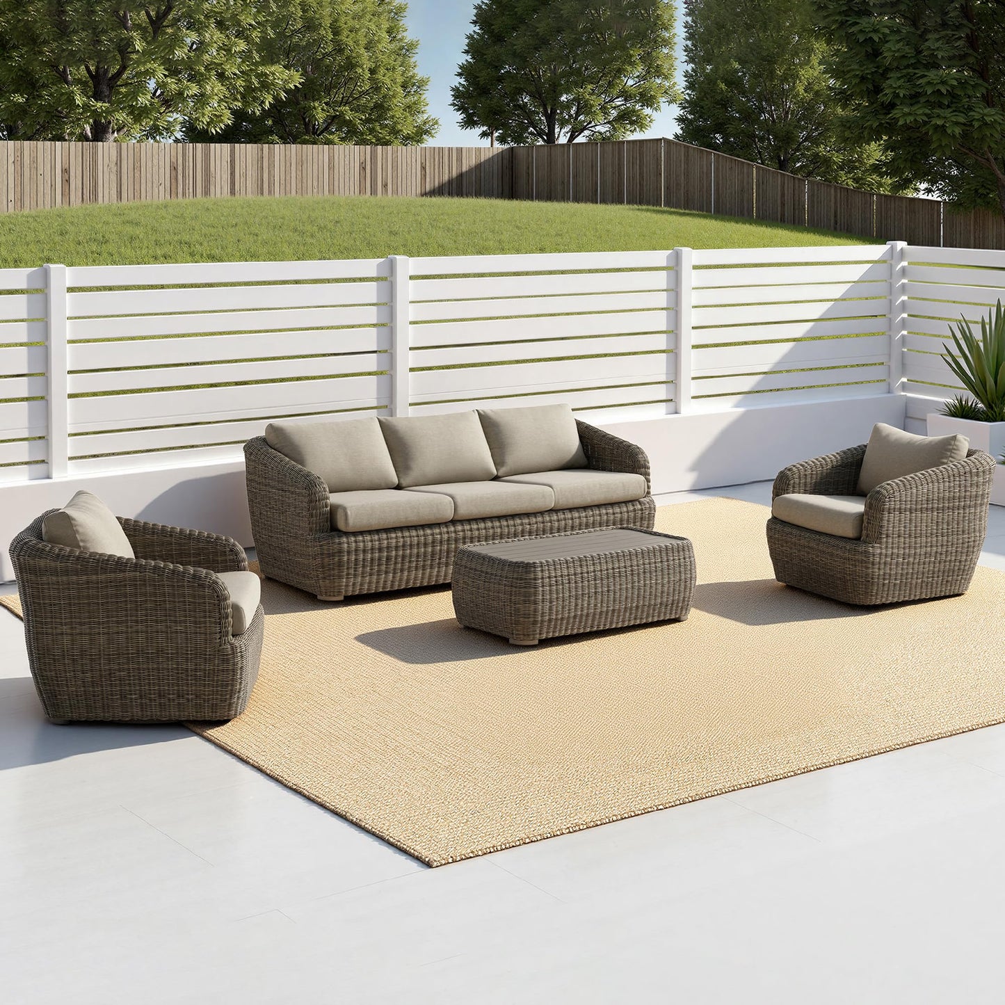 CHITA 5 Pieces Patio Wicker Furniture Set, Outdoor Rattan Bistro Set with Removable Thickened Cushions, Fully Assembled(Beige Cushions with Light Brown Wicker)