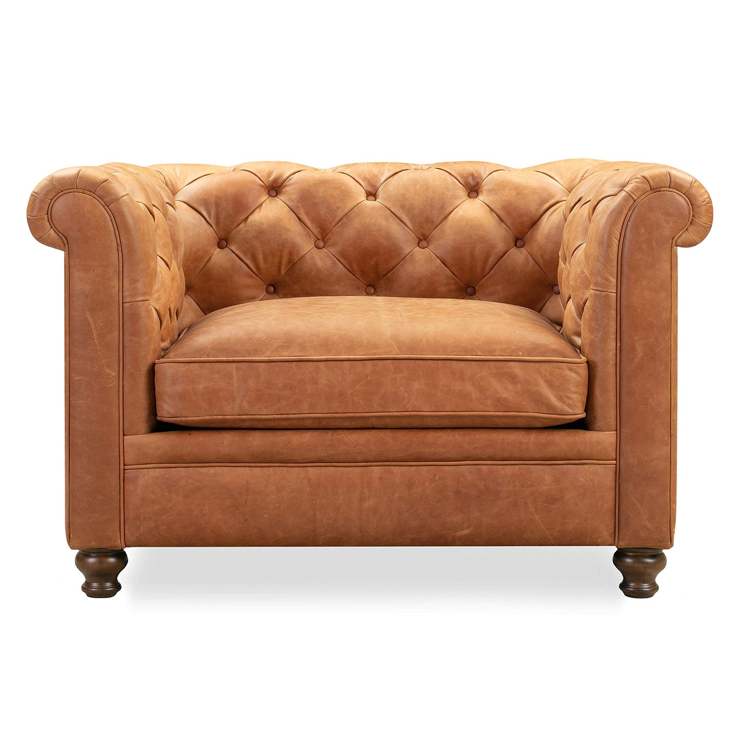 Poly & BARK Rowan Lounge Chairs Set of 2 – Mid Century Modern Leather Armchairs with Ribbed Seat and Solid Ash Wood Frame, Cognac Tan