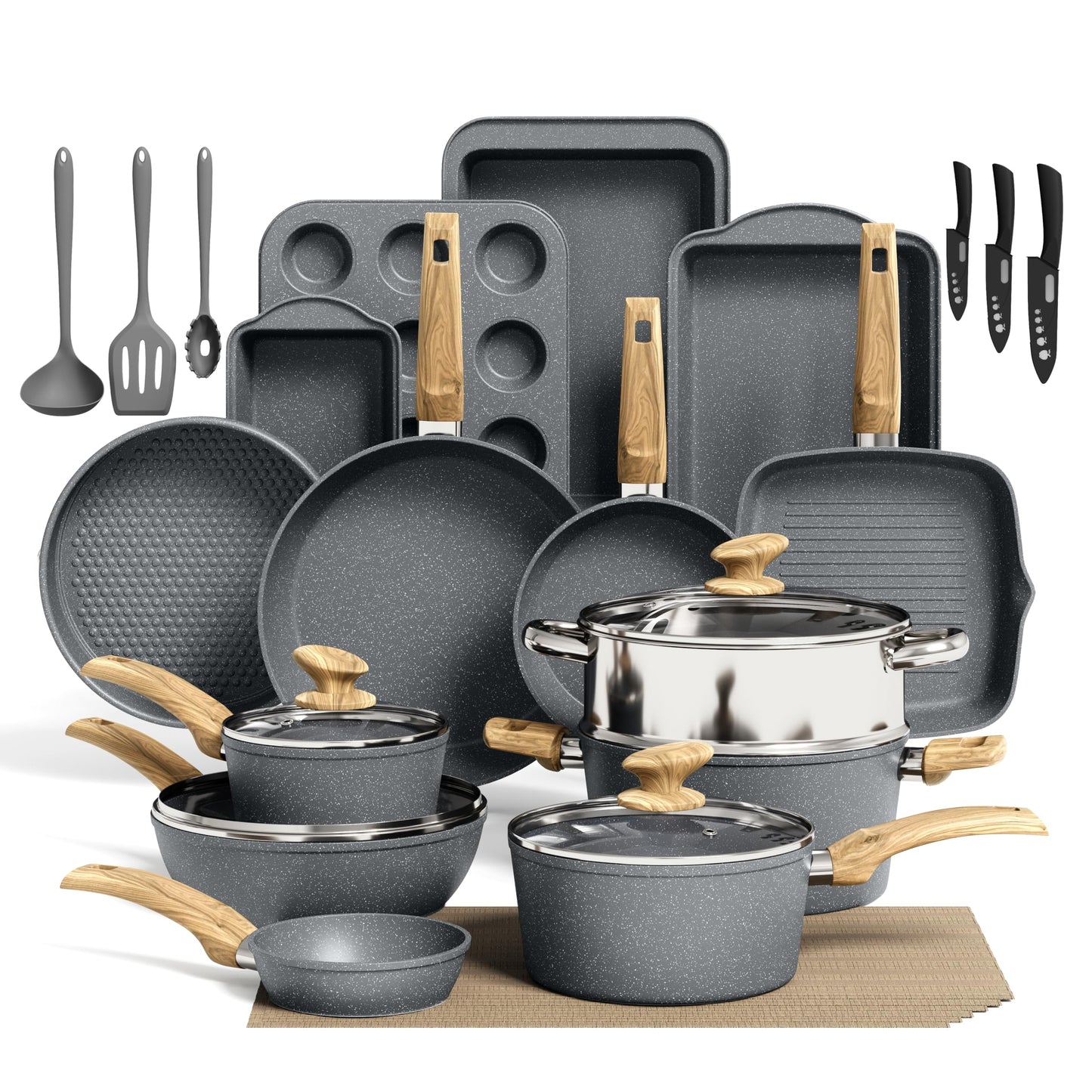 Kitchen Induction Cookware & Bakeware Set - 30 Piece Black Granite Cooking Pans Set, Non-Stick Pots and Pans Set
