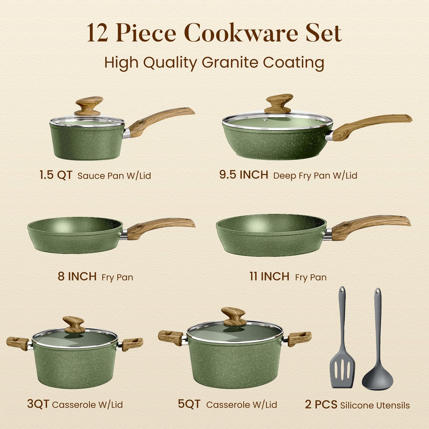 Kitchen Academy Induction Cookware Sets - 12 Piece Pots and Pans Set Non Stick, Black Granite Nonstick Cooking Pan Set(PFOS, PFOA Free)