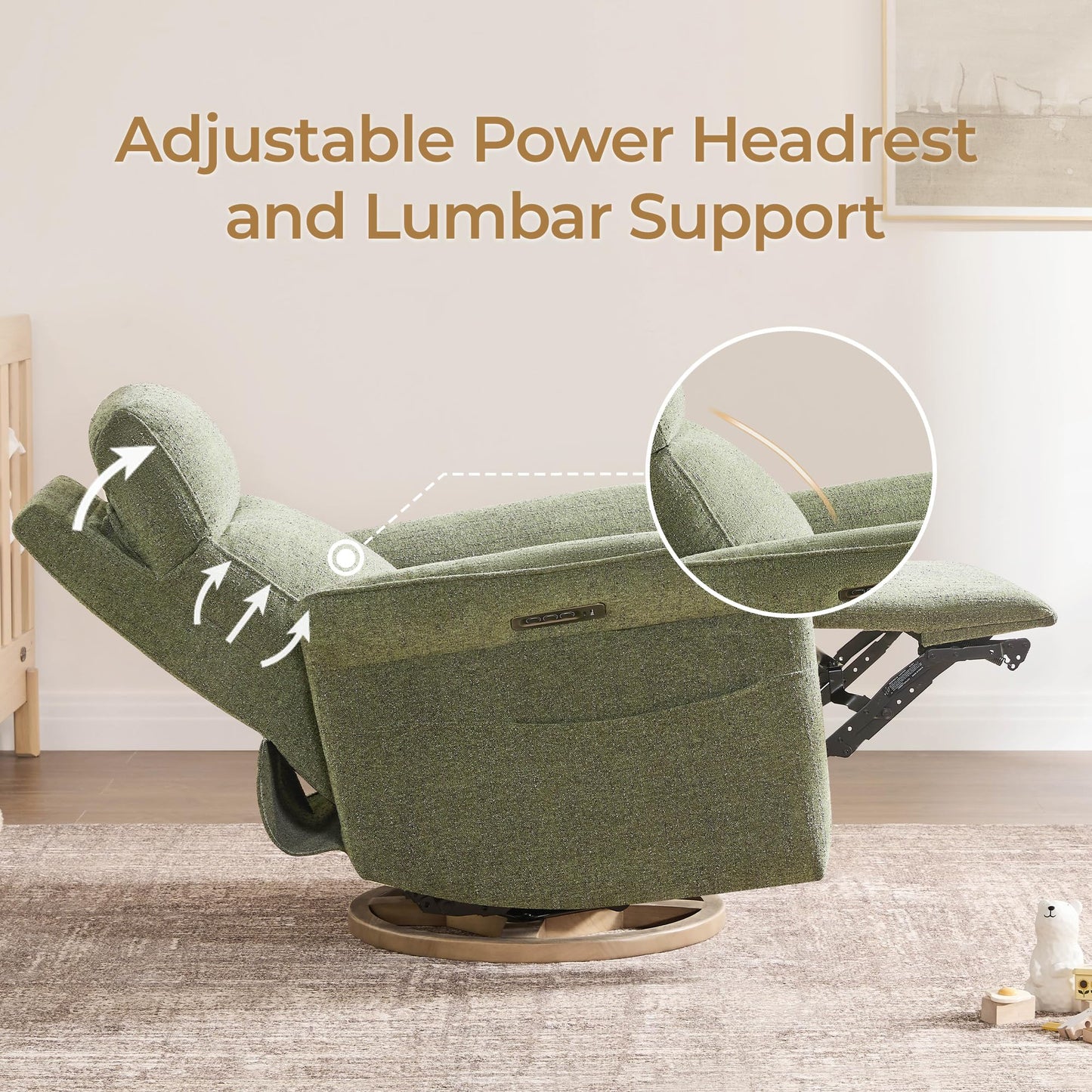 CHITA Power Recliner Chair, Electric Triple-Motor Swivel Glider Nursery Rocking Chair with Adjustable Power Headrest and Lumbar Support, GREENGARD Gold Certified, Solid Wood Base, Linen