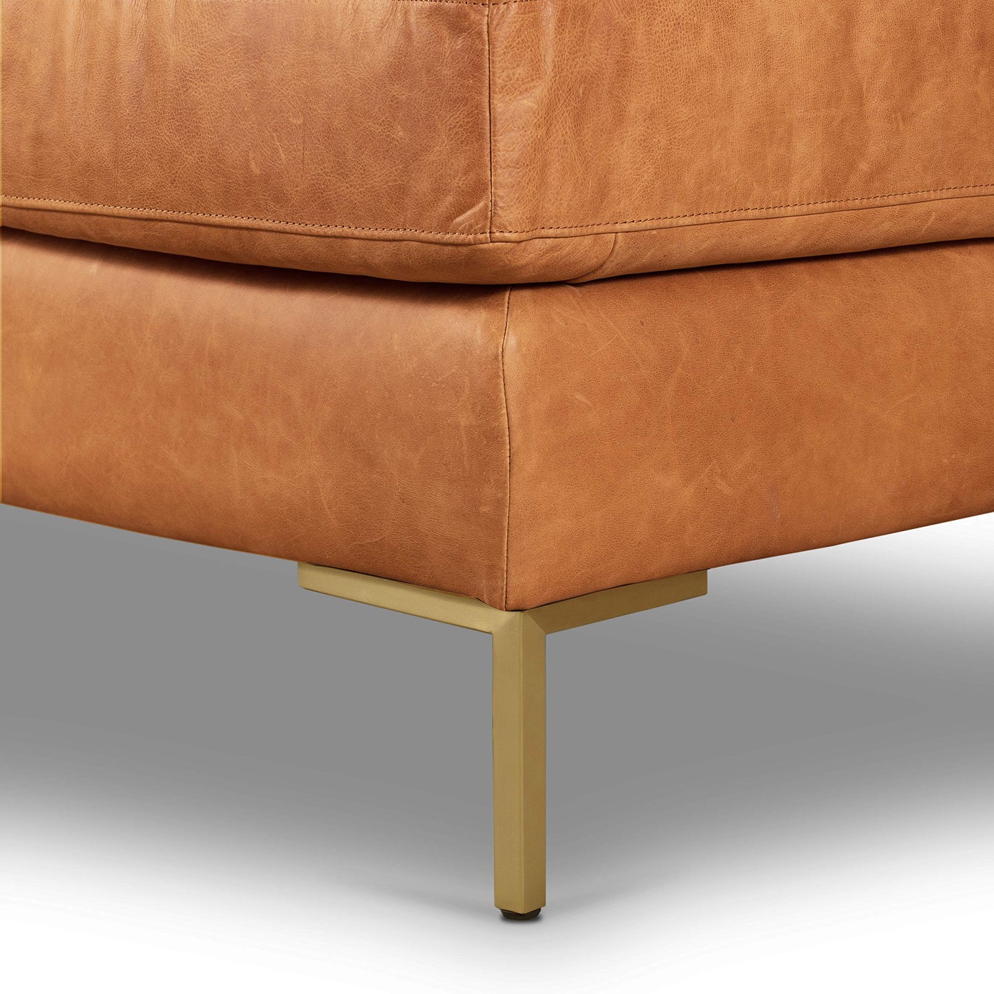Poly & BARK Calle Right-Facing Sectional in Full-Grain Pure-Aniline Italian Tanned Leather in Cognac Tan and Brass Legs