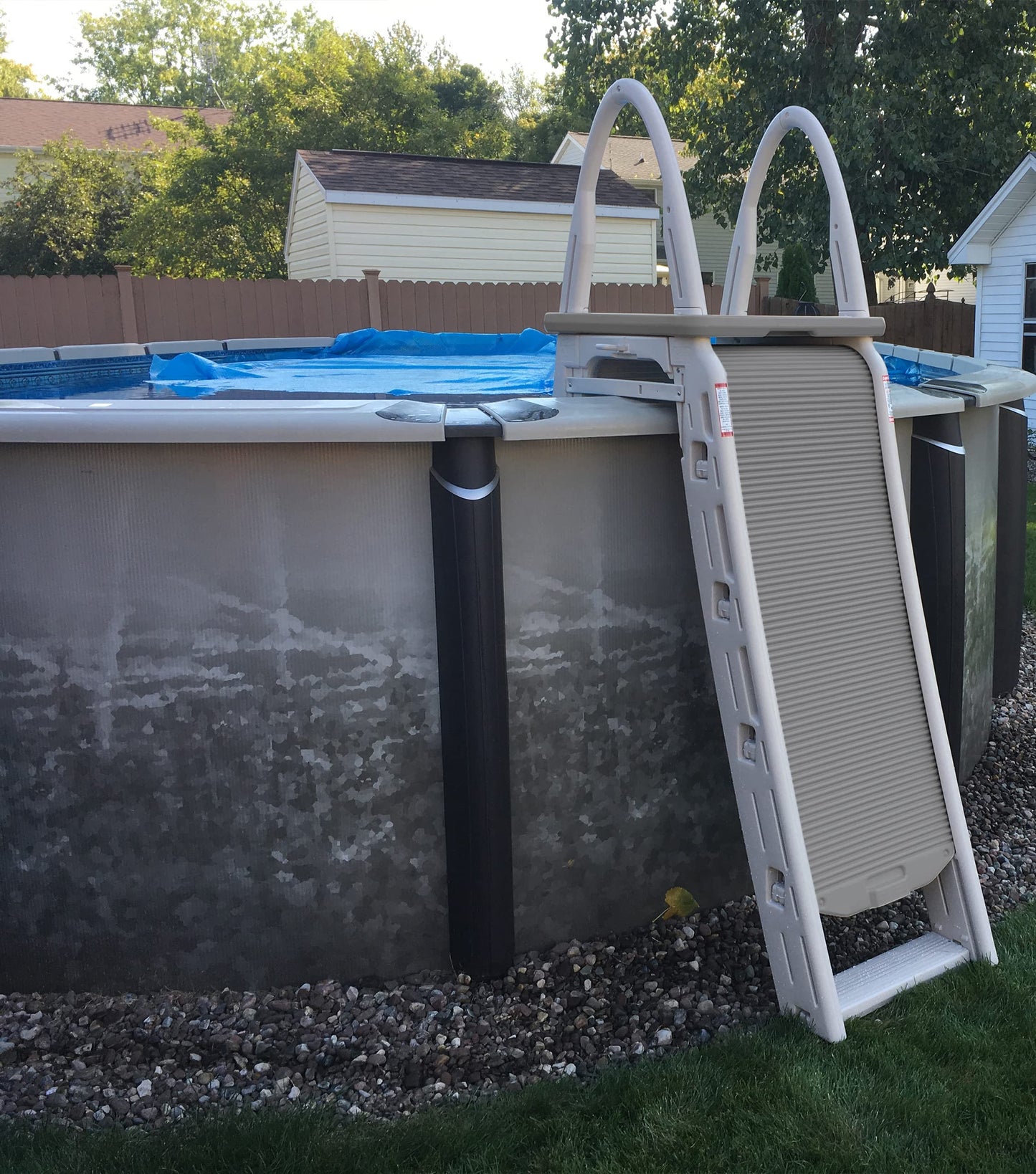 Confer Plastics 7200 Roll Guard fits Above-Ground Pool Heights from 48" to 56" A Frame Safety Ladder for Above Ground Outdoor Patio Swimming Pool Platform Ladder with Step Barrier Warm Grey