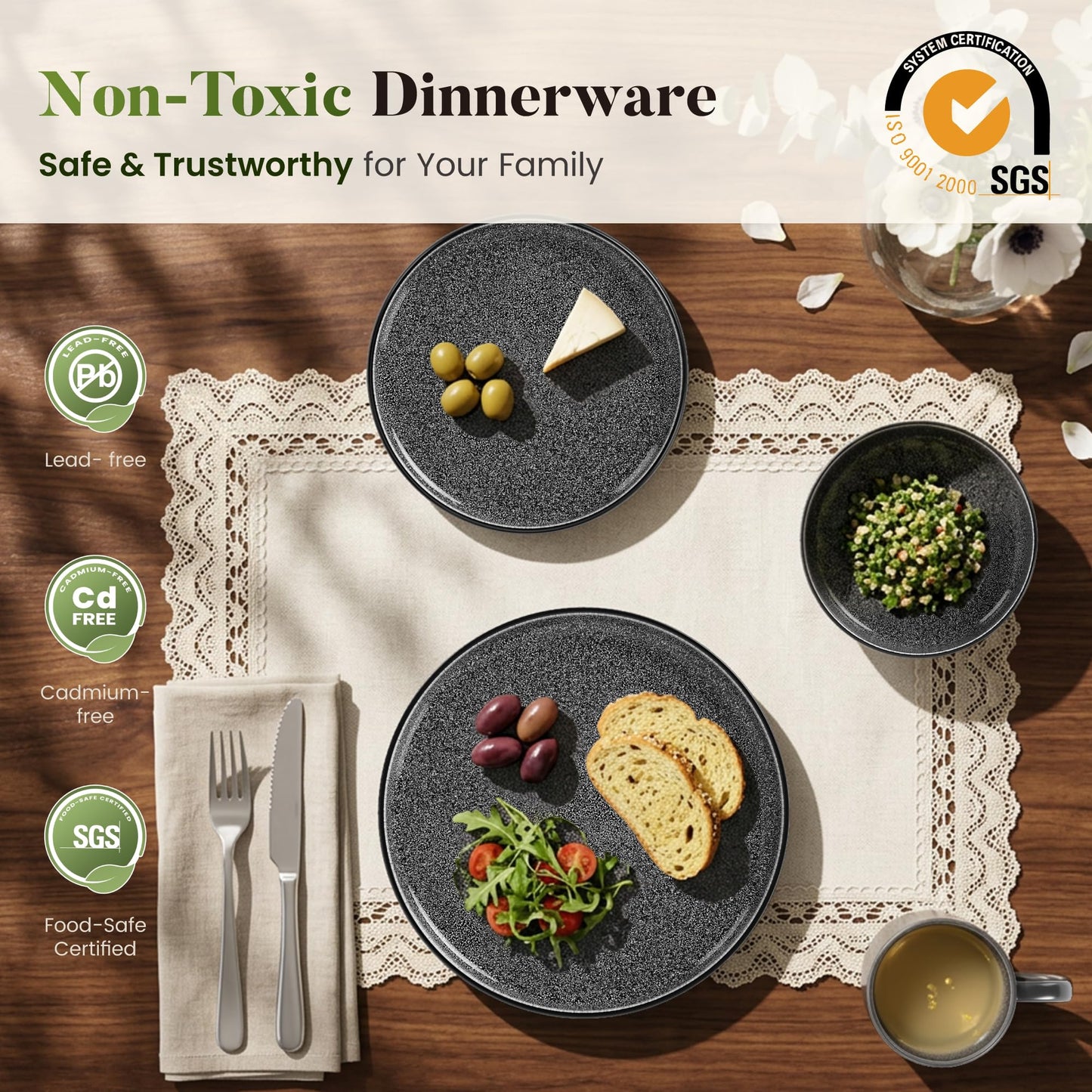 Kitchen Academy Brown Stoneawre Dinnerware Sets for 8, 24Pcs Ceramic Non Toxic Plates and Bowls Sets, Scratch Resistant Dishes, Oven & Microwave Safe