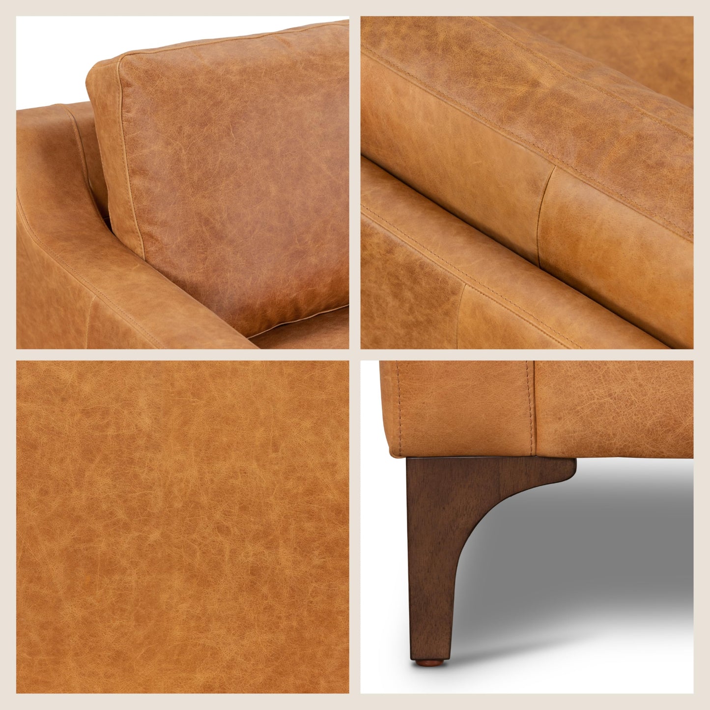 POLY & BARK Sorrento 86" Sofa – Cognac Tan Full-Grain Pure-Aniline Italian Leather, Feather-Down Cushions, Solid Wood Frame & Walnut Legs