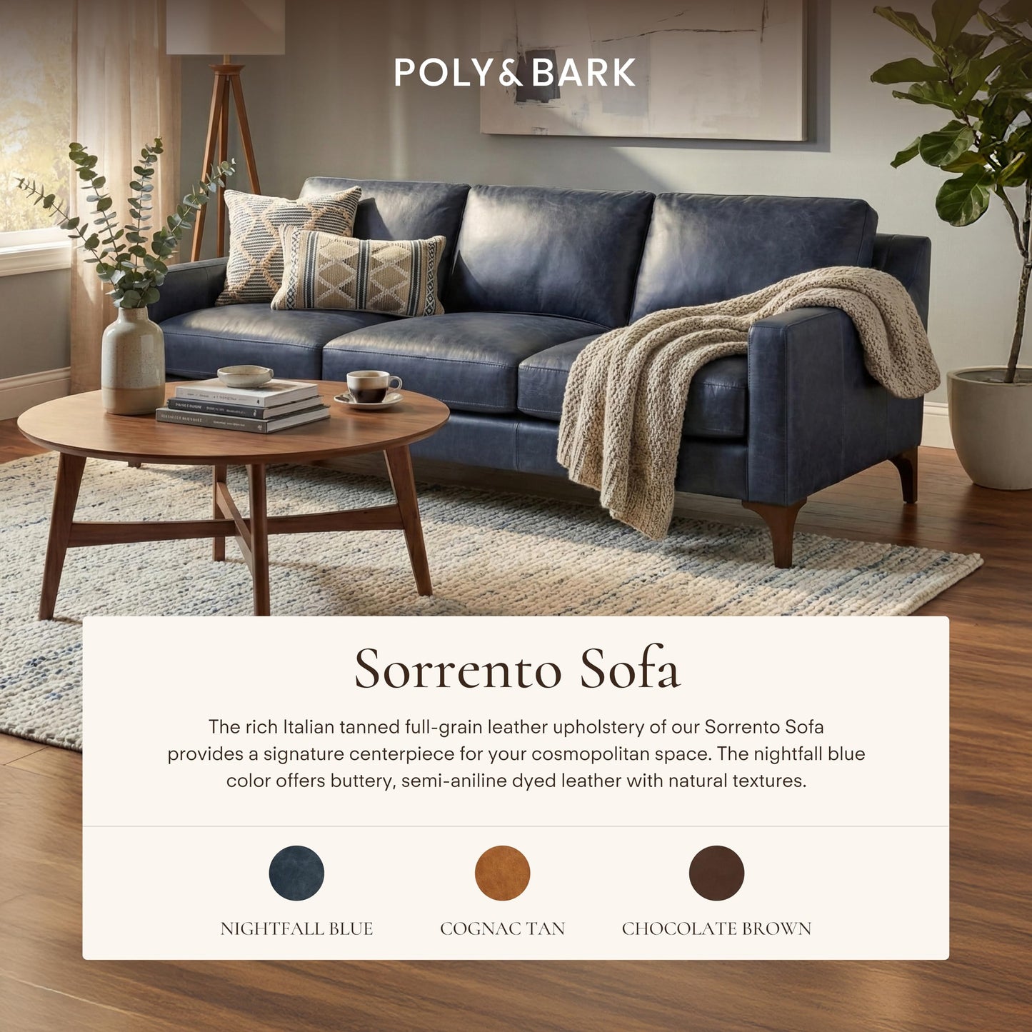 POLY & BARK Sorrento 86" Sofa – Cognac Tan Full-Grain Pure-Aniline Italian Leather, Feather-Down Cushions, Solid Wood Frame & Walnut Legs