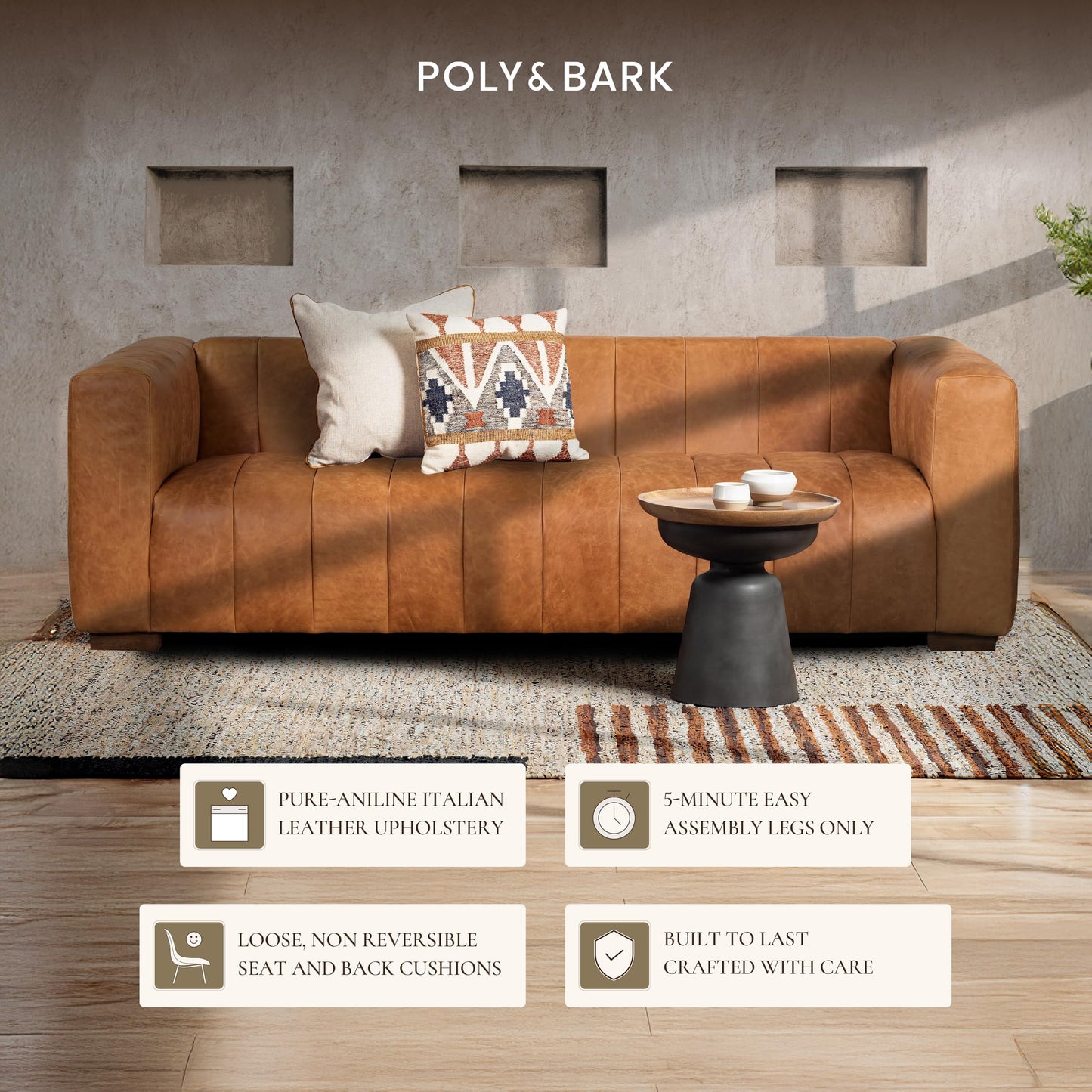 POLY & BARK Sorrento 86" Sofa – Cognac Tan Full-Grain Pure-Aniline Italian Leather, Feather-Down Cushions, Solid Wood Frame & Walnut Legs
