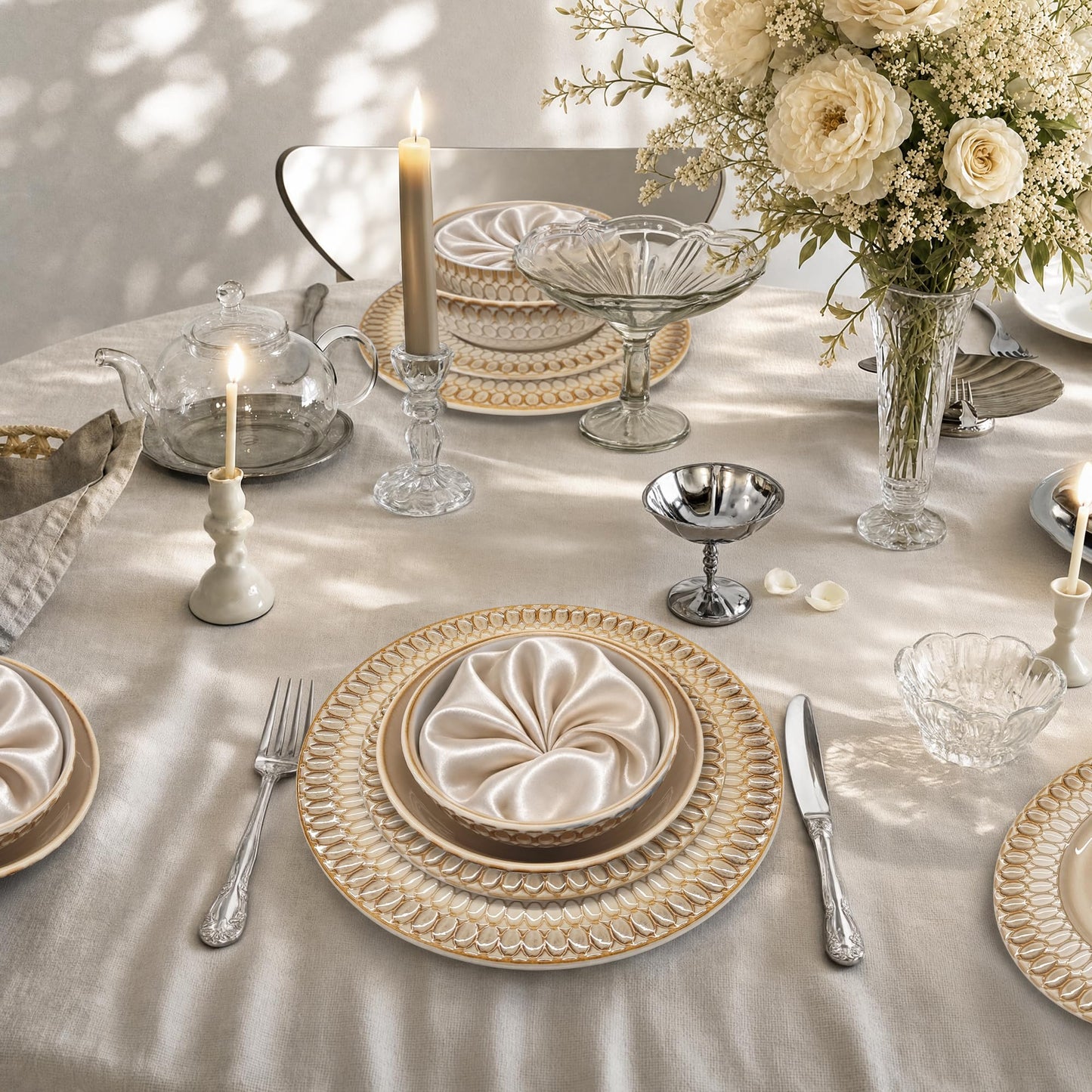 Kitchen Academy Stoneware Dinnerware Sets for 8, Embossed Ceramic Plates and Bowls Set, Beige Dishes